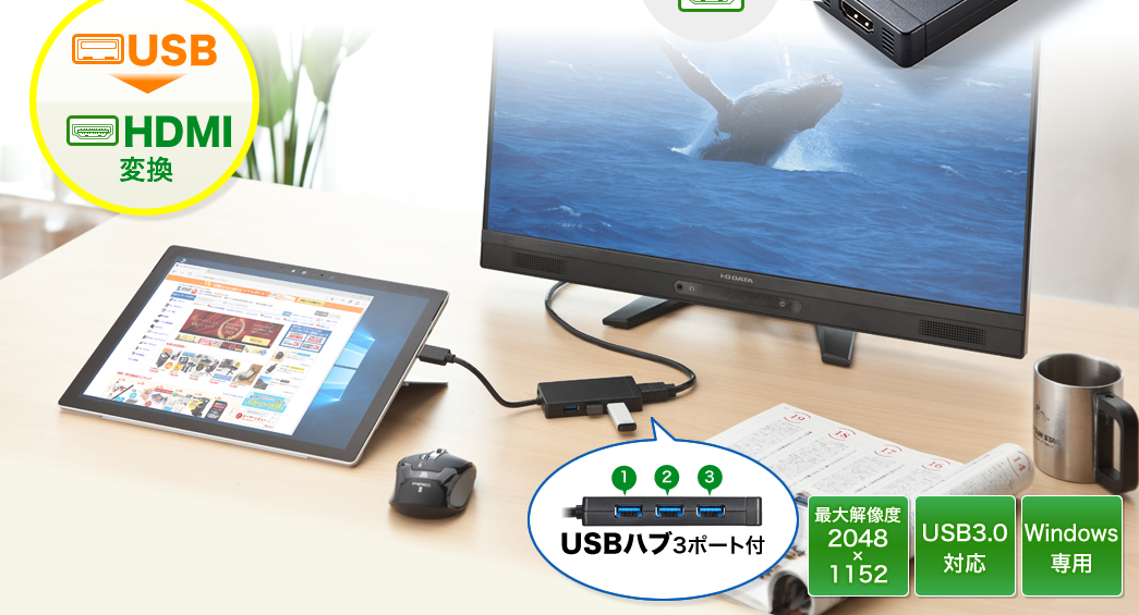 USB HDMI ő𑜓x2048~1152 USB3.0Ή Windowsp