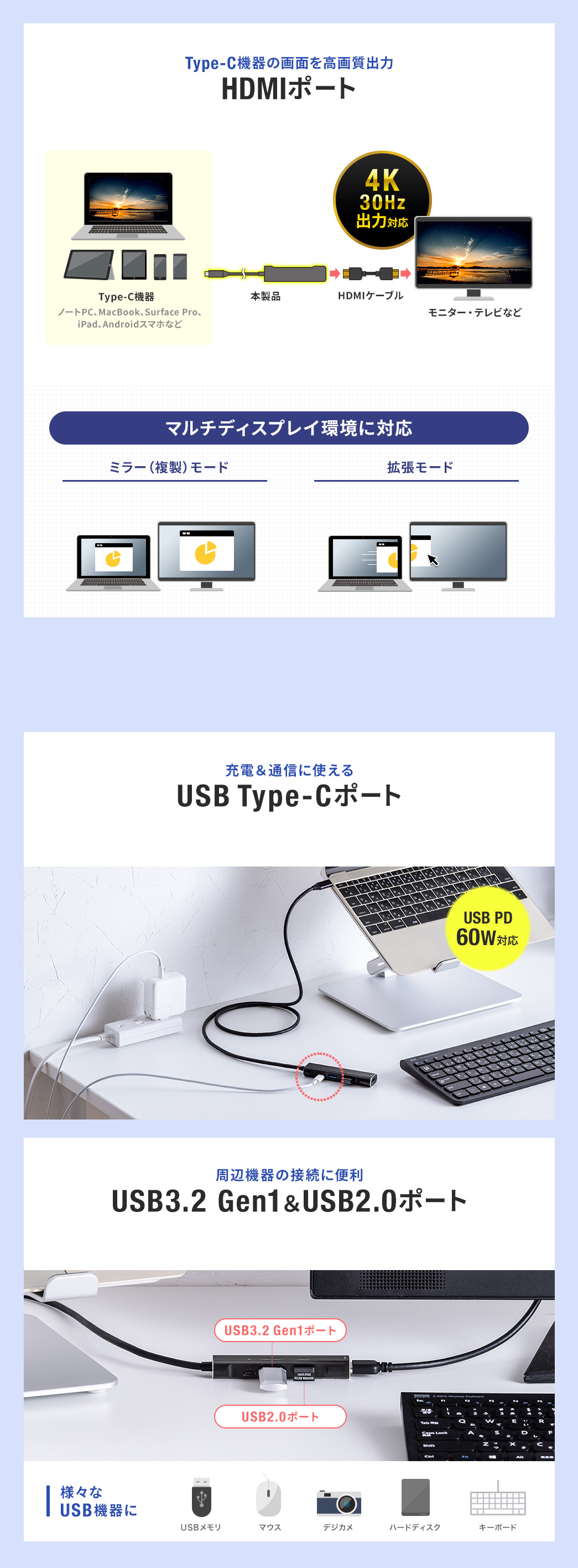 Type-C@̉ʂ掿oHDMI|[g [dʐMɎgUSB Type-C|[g Ӌ@̐ڑɕ֗USB3.2 Gen1&USB2.0|[g
