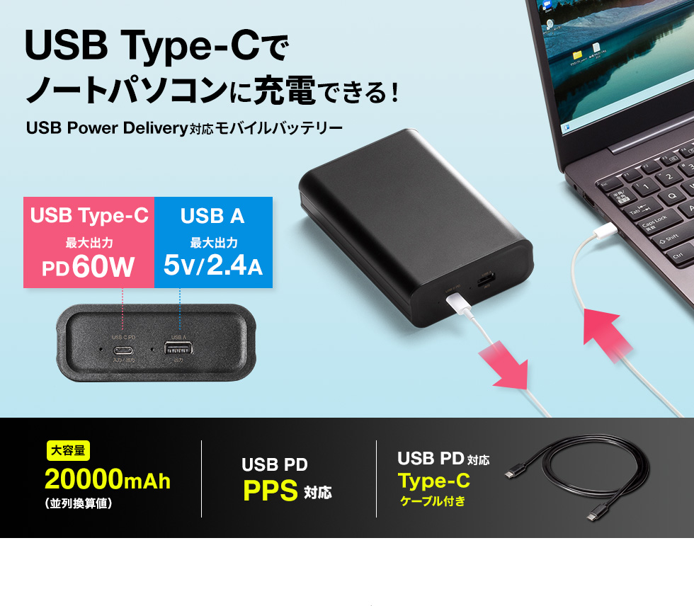 USB Type-C m[gp\Rɏ[dłIUSB Power DeliveryΉoCobe[ e20000mAhi񊷎Zlj USB PD PPSΉ USB PDΉType-C P[ut