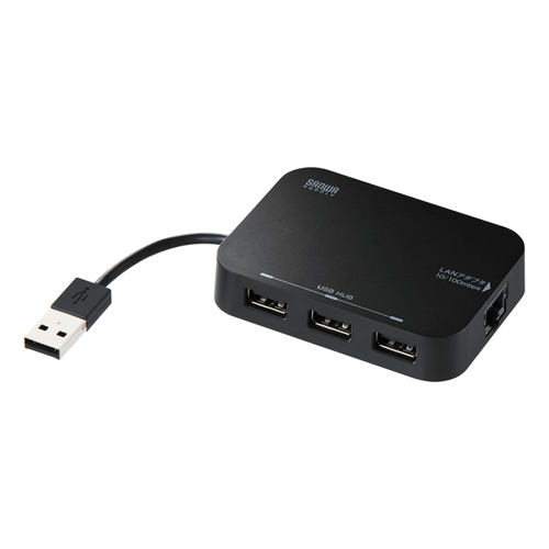 【クリックで詳細表示】USBハブ LANアダプタ-内蔵(Ver2.0・3ポート・ブラック) USB-HLA306BK