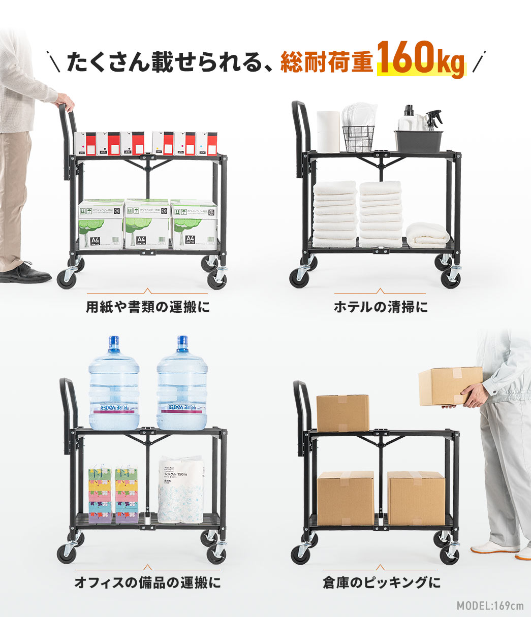 ��������ڂ�����A���ω׏d160kg�B���ω׏d������p���⏑�ނ̉^����z�e���̐��|�A�I�t�B�X�̔��i�̉^���A�q�ɂ̃s�b�L���O�ȂǗl�X�ȏ�ʂŎg�p�ł��܂��B