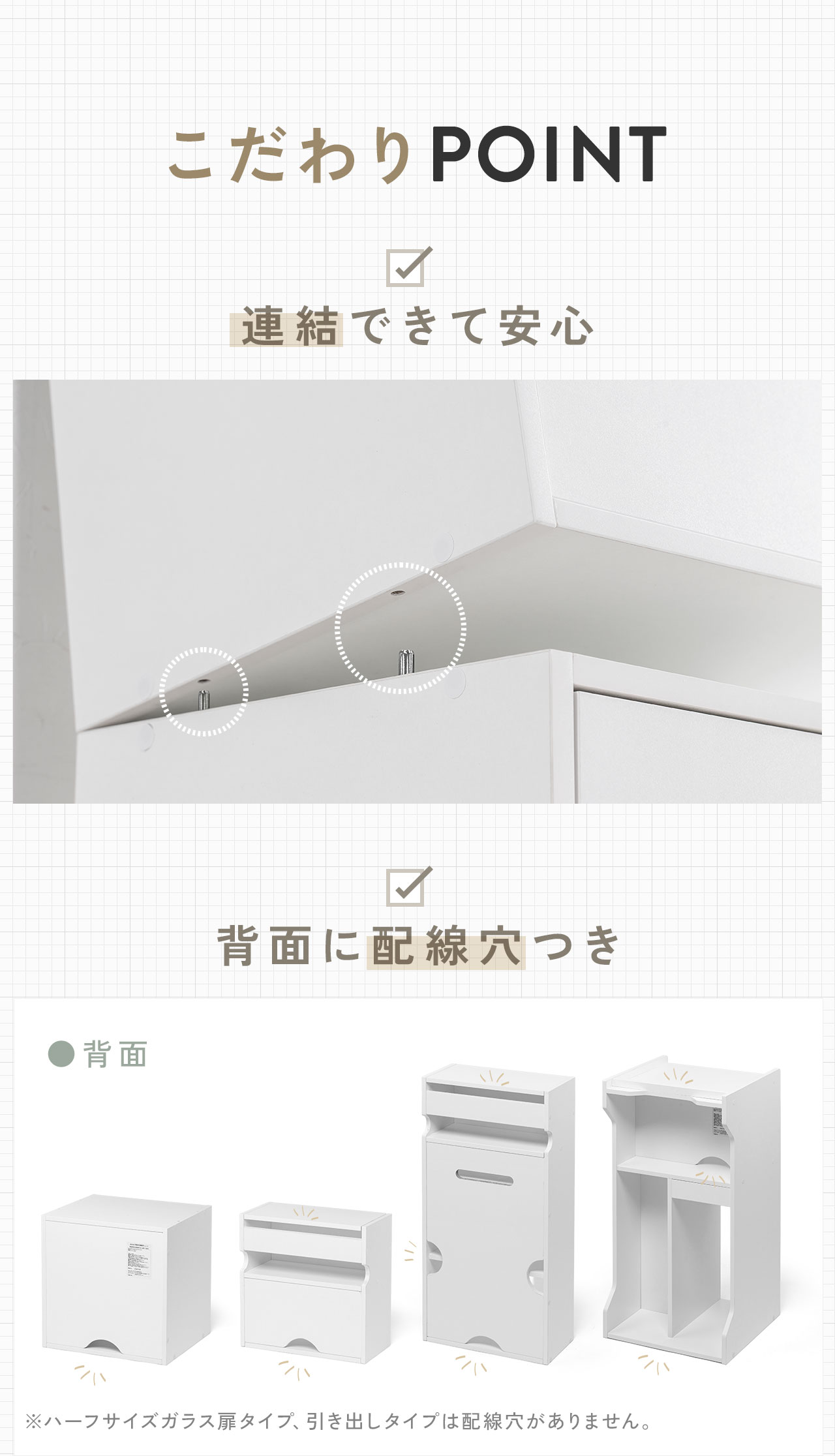 �������POINT�Ƃ��āA�A���ł��Ĉ��S�ȍ\���ɉ����A�z�����t���ŃP�[�u������������ʂ��܂��B���n�[�t�T�C�Y�K���X���^�C�v�A�����o���^�C�v�͔z����������܂���B