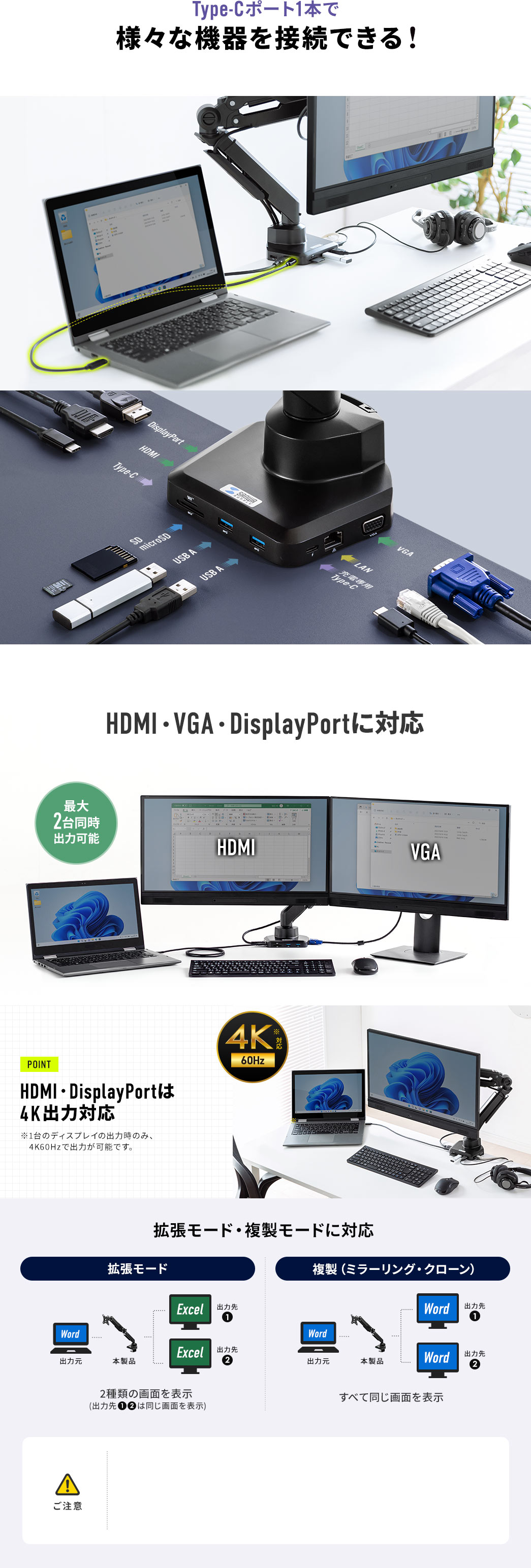 Type-Cポート1本で様々な機器を接続できる HDMI・VGA・DisplayPortに対応 拡張モード・複製モードに対応