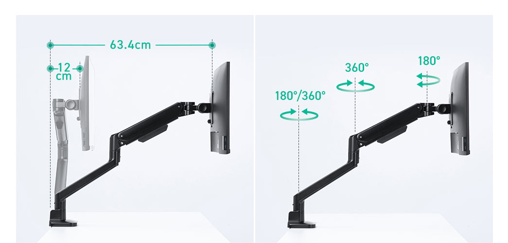 �ő�63.4cm�܂Ŏ�O�Ɉ����o���A�e�֐߂�180���܂���360����]���܂��B
