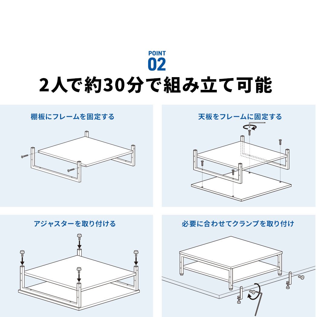 POINT02�A2�l�Ŗ�30���őg�ݗ��ĉ\�ł��B1�A�I�Ƀt���[�����Œ肷��B2�A�V���t���[���ɌŒ肷��B3�A�A�W���X�^�[�����t����B4�A�K�v�ɍ��킹�ăN�����v�����t���B