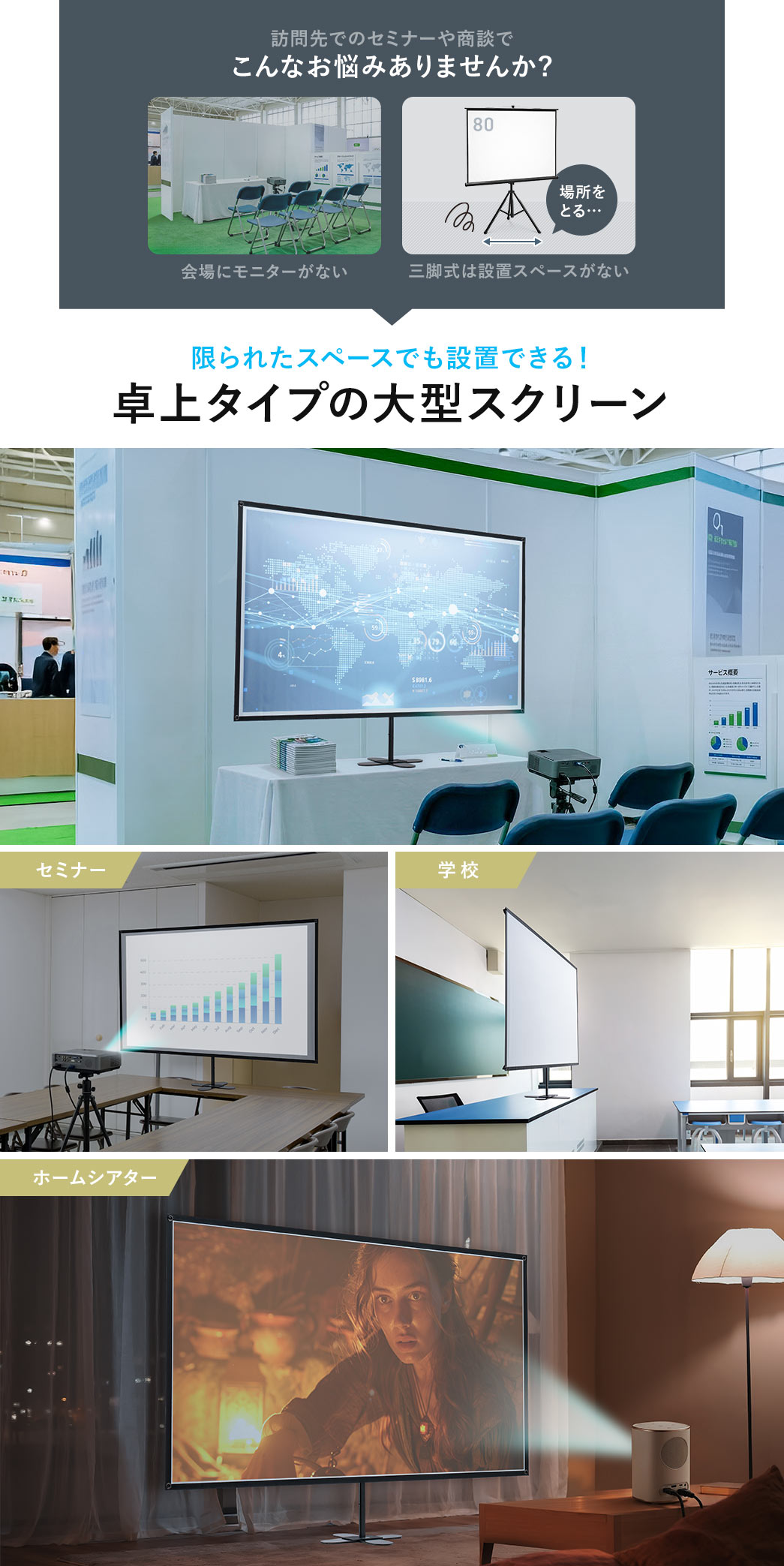 ���Ƀ��j�^�[���Ȃ��A�O�r���͐ݒu�X�y�[�X���Ȃ��Ȃǂ̖K���ł̃Z�~�i�[�⏤�k�ł���Ȃ��Y�݂���܂��񂩁H�{���i�́A����ꂽ�X�y�[�X�ł��ݒu�ł���A���^�C�v�̑�^�X�N���[���ł��B�Z�~�i�[��w�Z�A�z�[���V�A�^�[�ł̂��g�p�ɂ������߂ł��B