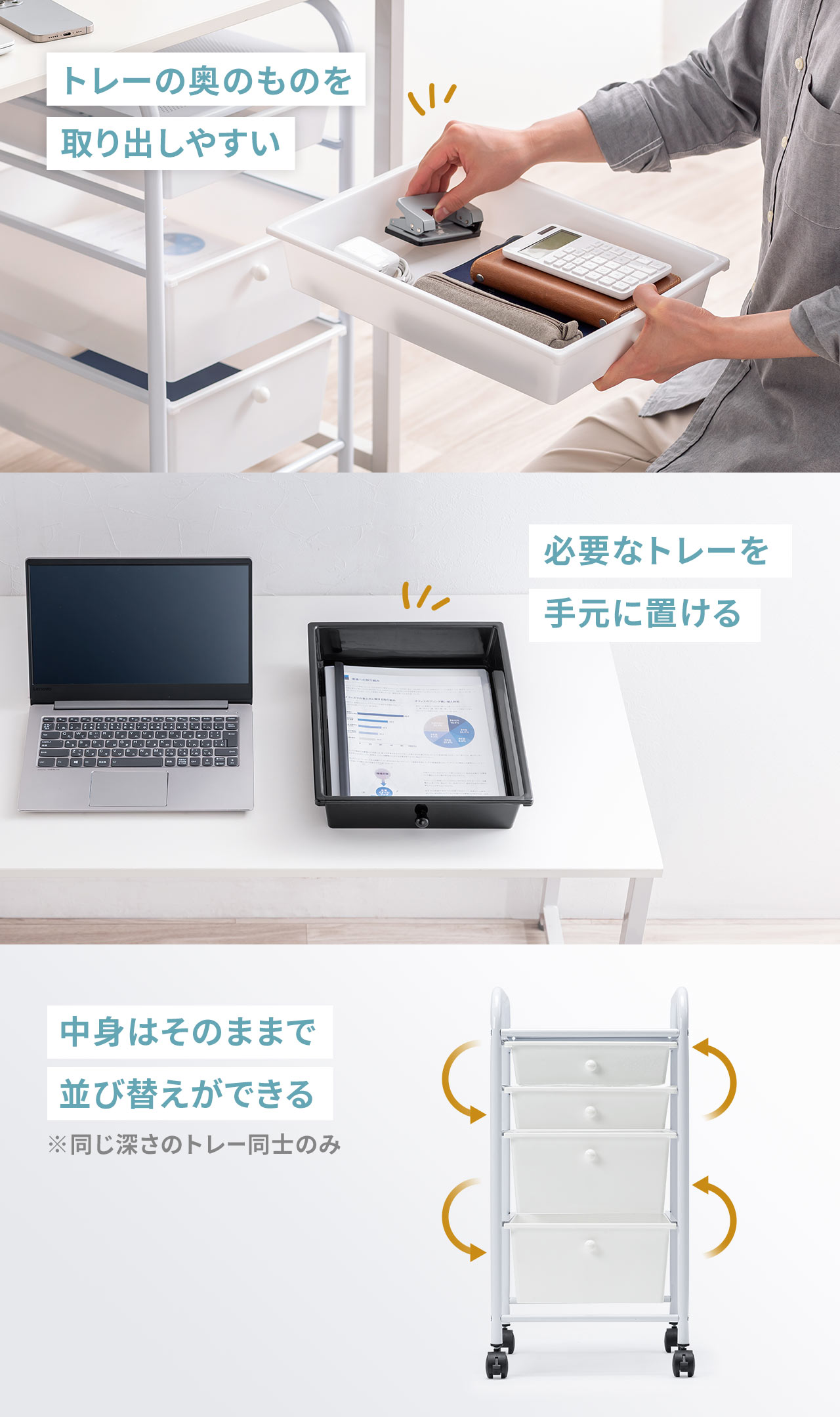 ���O���ł���̂ŁA�g���[�̉��̂��̂����o���₷���A�K�v�ȃg���[���茳�ɒu�����Ƃ��ł��܂��B�܂��A�����[���̃g���[���m�̕��ёւ����ł���̂Œ��g�͂��̂܂܂ňړ��\�ł��B