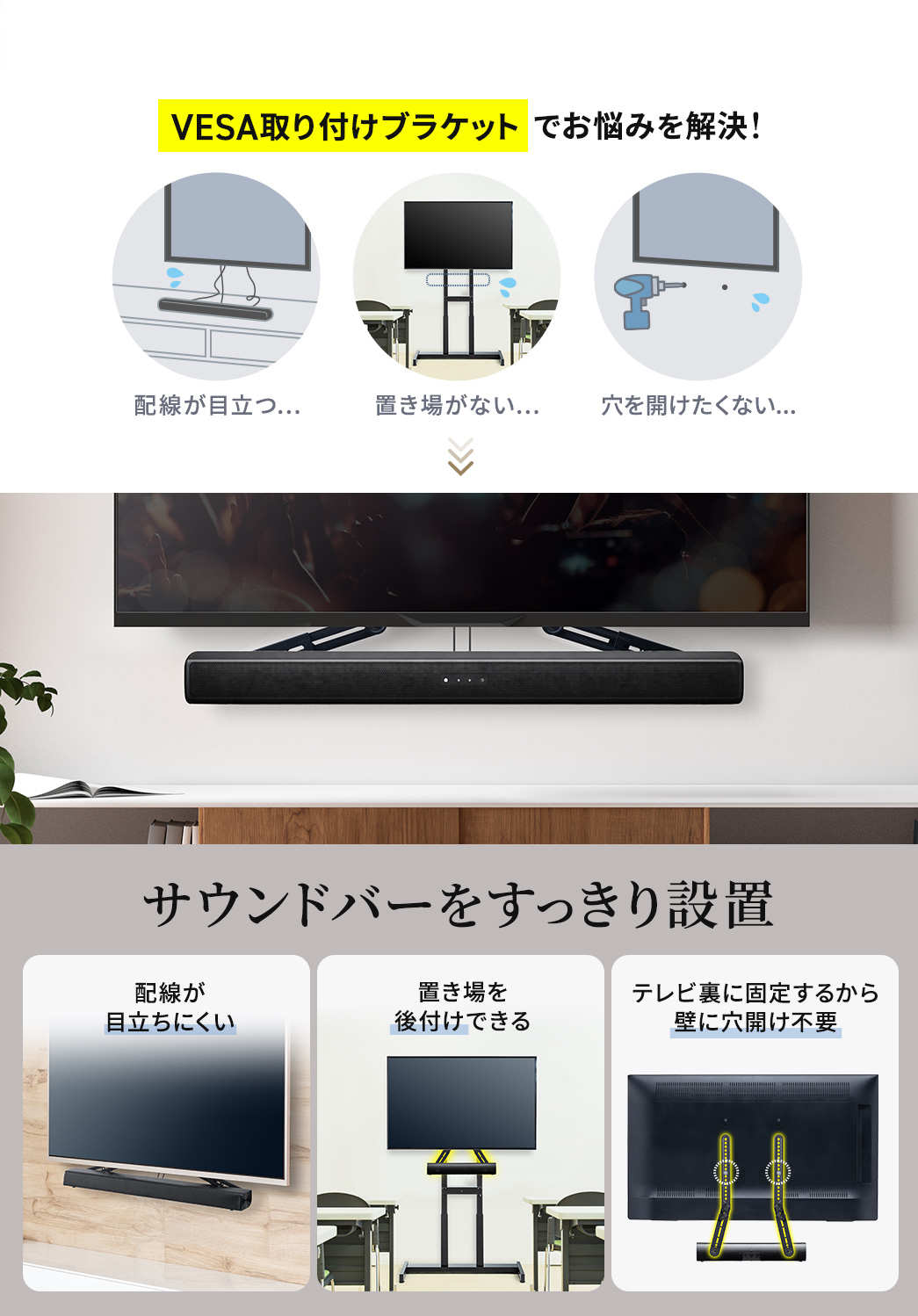 �{���i�͔z�����ڗ��A�u���ꂪ�Ȃ��A�����J�������Ȃ��Ƃ������Y�݂�VESA���t���u���P�b�g�ŉ������A�T�E���h�o�[����������ݒu�ł��A�z�����ڗ����ɂ����u�������t���ł��邤���A�e���r���ɌŒ肷�邽�ߕǂɌ����J����K�v������܂���B