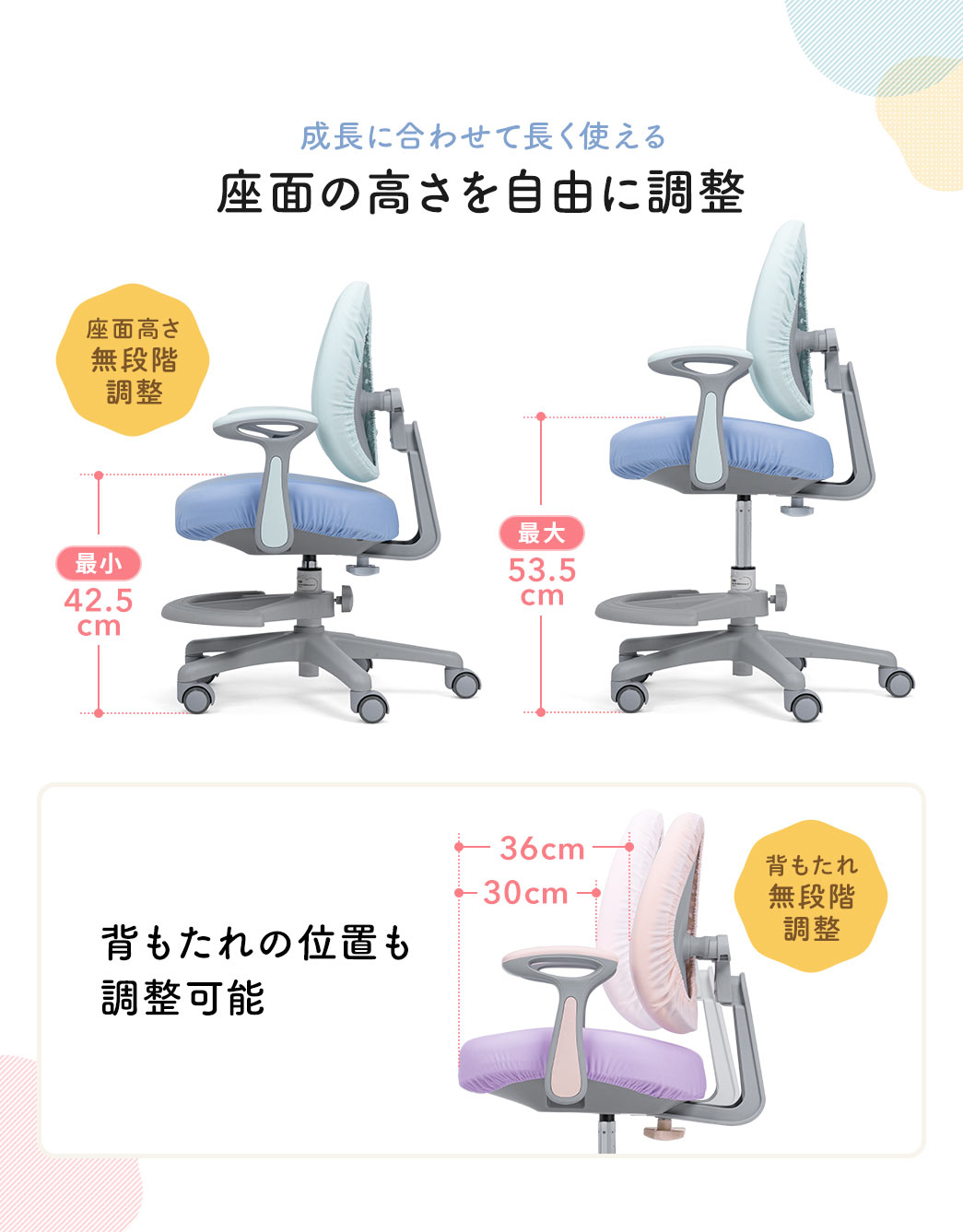 ����&�w����������R�ɒ����ł��邩�琬���ɍ��킹�Ē����g���A���ʂ�42.5�`53.5cm�A�w�������30�`36cm�͈̔͂Œ����\�ł��B