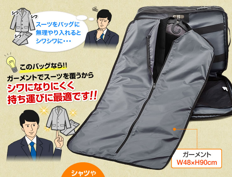 このバッグなら　ガーメントでスーツを覆うからシワになりにくく持ち運びに最適です