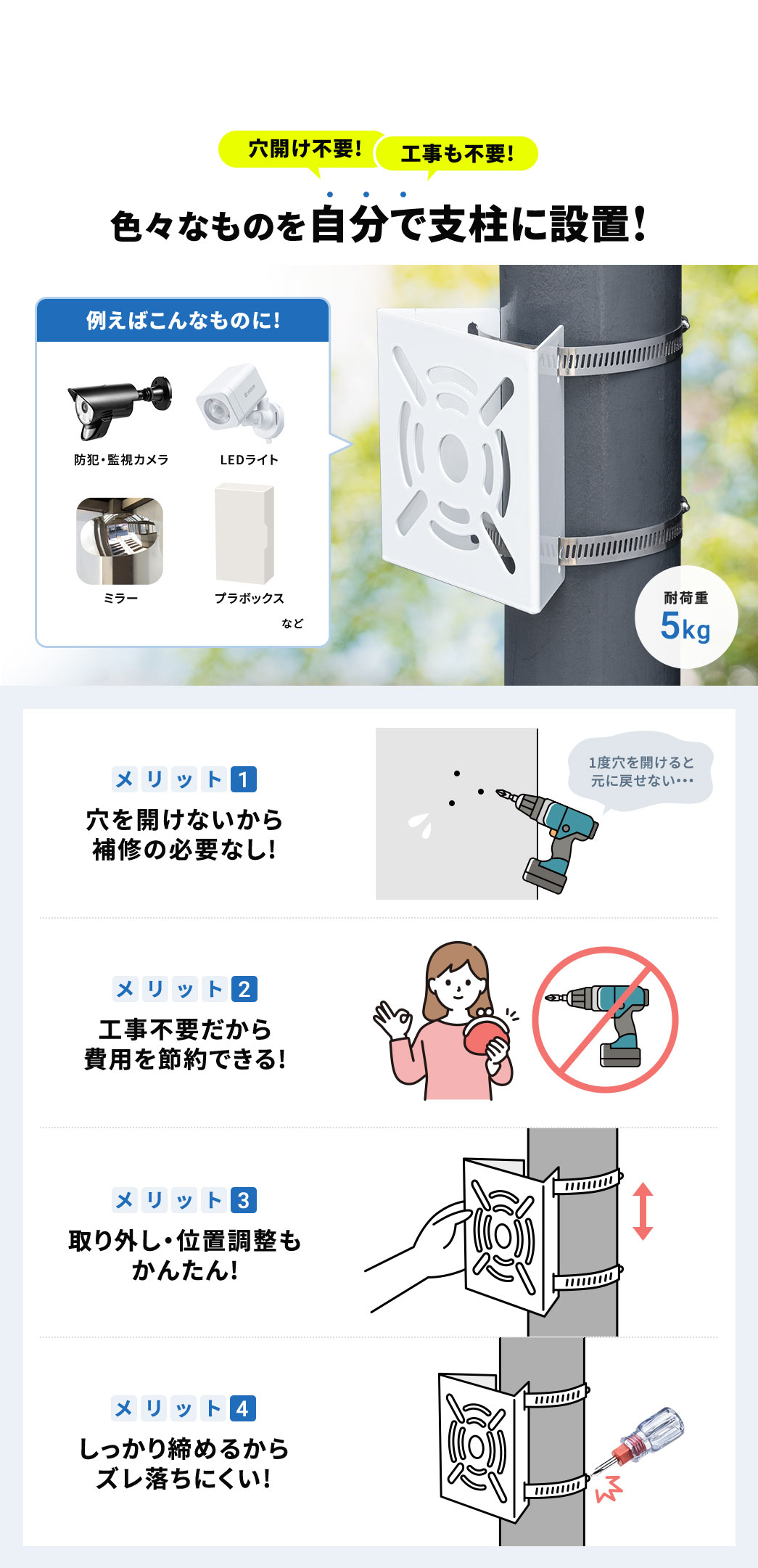 ���J����H�����s�v�ŁA�h�ƁE�Ď��J�����ALED���C�g�A�~���[�ȂǐF�X�Ȃ��̂������Ŏx���ɐݒu�ł��܂��B�����b�g1�A�����J���Ȃ������C�̕K�v�Ȃ��B�����b�g2�A�H���s�v�������p��ߖ�ł���B�����b�g3�A���O���E�ʒu���������񂽂�B�����b�g4�A����������߂邩��Y�������ɂ����B