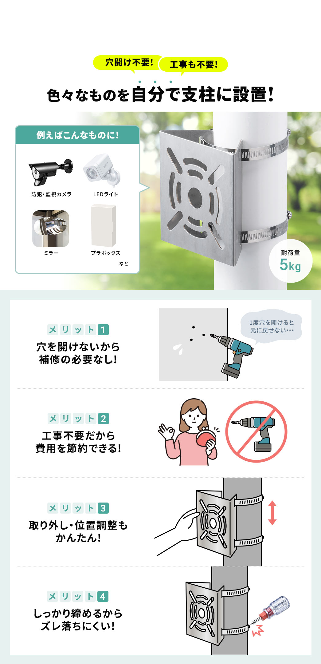 ���J����H�����s�v�ŁA�h�ƁE�Ď��J�����ALED���C�g�A�~���[�ȂǐF�X�Ȃ��̂������Ŏx���ɐݒu�ł��܂��B�����b�g1�A�����J���Ȃ������C�̕K�v�Ȃ��B�����b�g2�A�H���s�v�������p��ߖ�ł���B�����b�g3�A���O���E�ʒu���������񂽂�B�����b�g4�A����������߂邩��Y�������ɂ����B