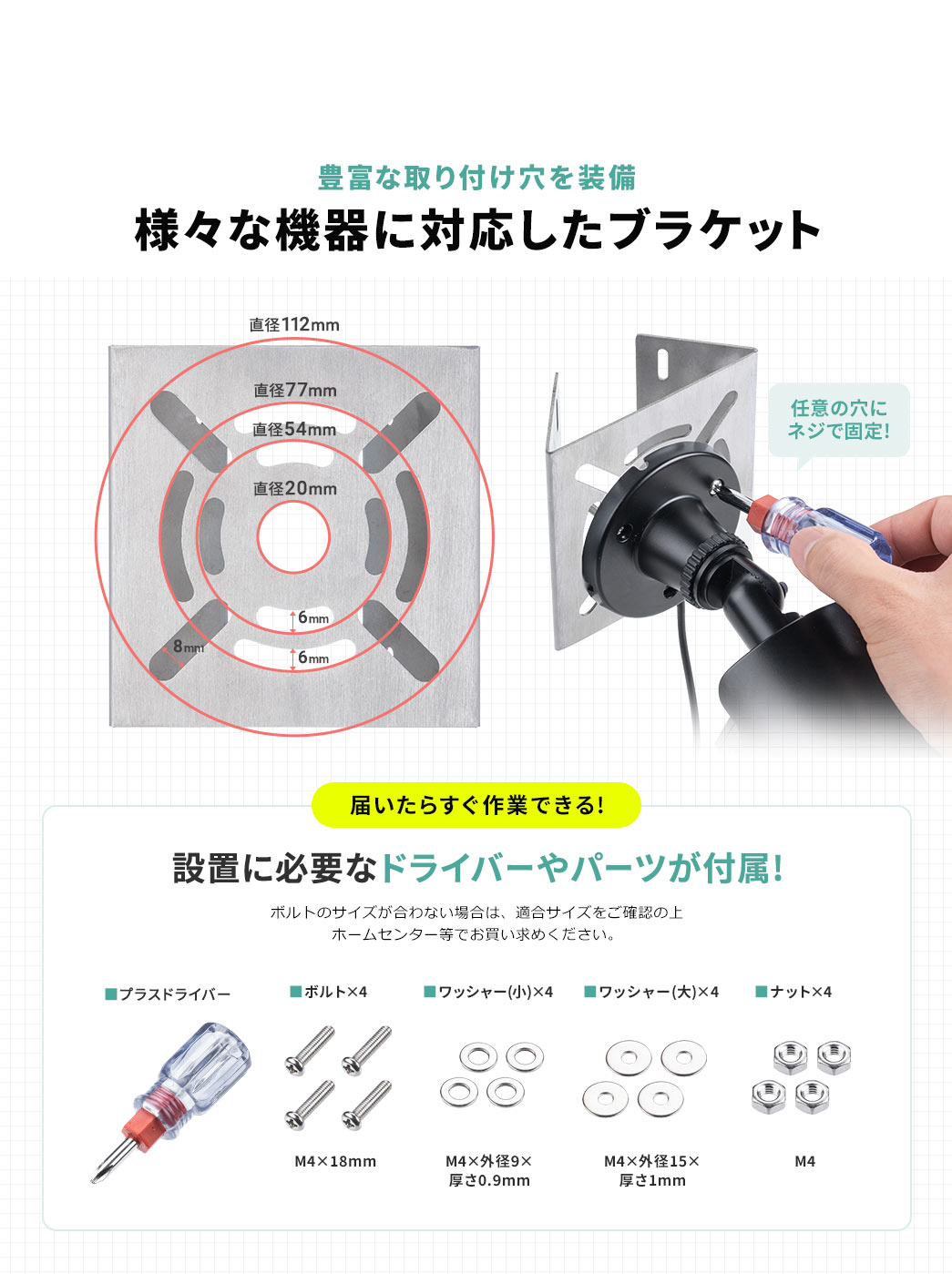 �L�x�Ȏ��t�����𑕔��A�l�X�ȋ@��ɑΉ������u���P�b�g�B�ݒu�ɕK�v�ȃh���C�o�[��p�[�c���t�����Ă���̂ŁA�͂����炷����Ƃł��܂��B�{���g�̃T�C�Y������Ȃ��ꍇ�́A�K���T�C�Y�����m�F�̏�z�[���Z���^�[���ł��������߂��������B�v���X�h���C�o�[�A�{���g�~4�A���b�V���[(��)�~4�A���b�V���[(��)�~4�A�i�b�g�~4��t�����Ă��܂��B