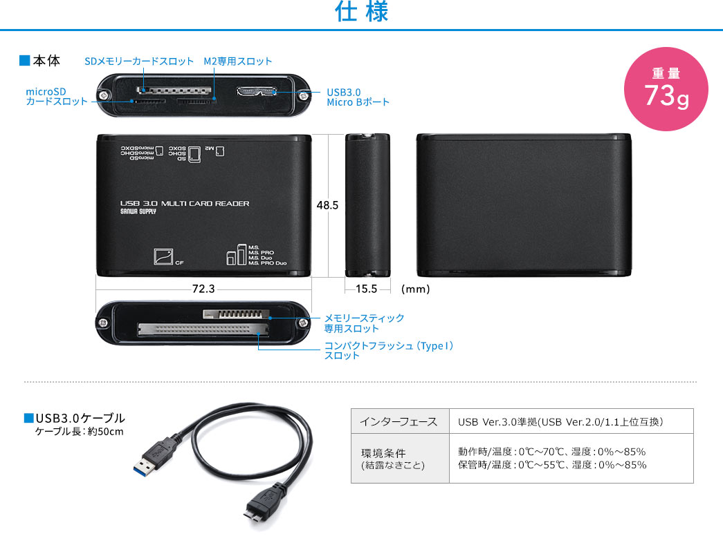 マルチカードリーダー USB3.0 Aコネクタ 5スロット SDカード microSD 