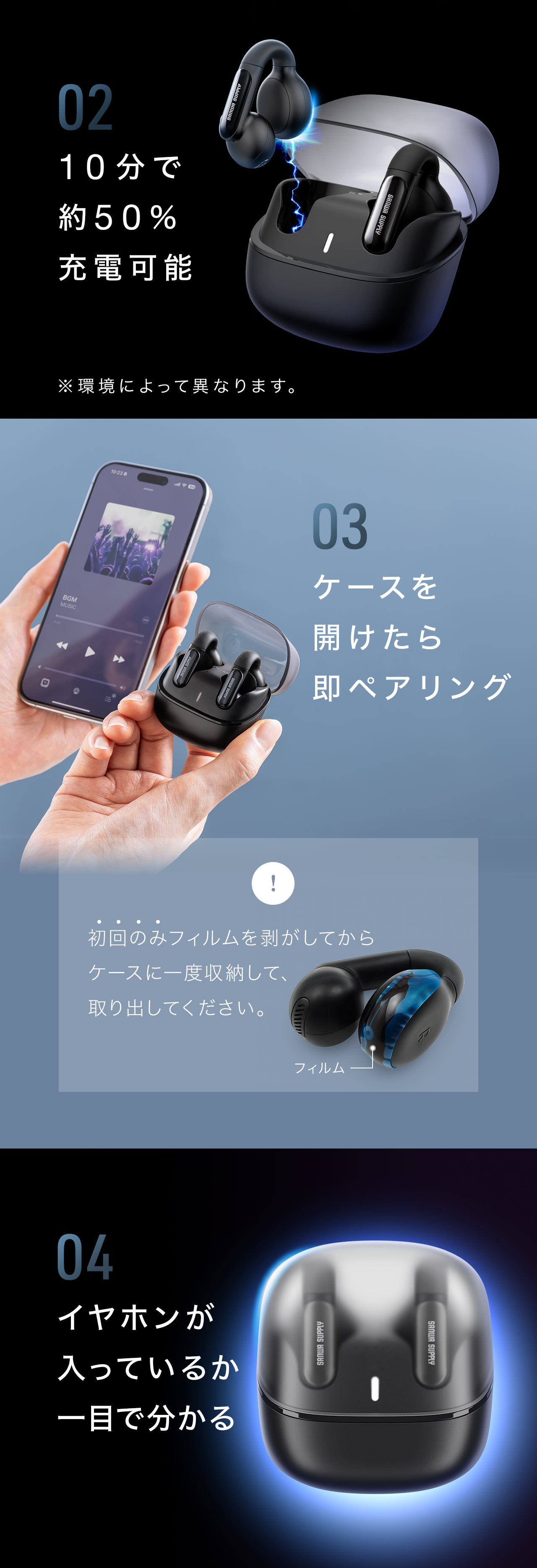 2�A10���Ŗ�50%�̏[�d���\�B�����ɂ���ĈقȂ�܂��B3�A�P�[�X���J�����瑦�y�A�����O�B4�A�C���z���������Ă��邩��ڂł킩��܂��B