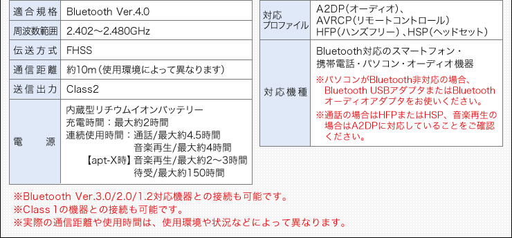 Bluetooth Ver.3.0/2.0/1.2対応機器との接続も可能です