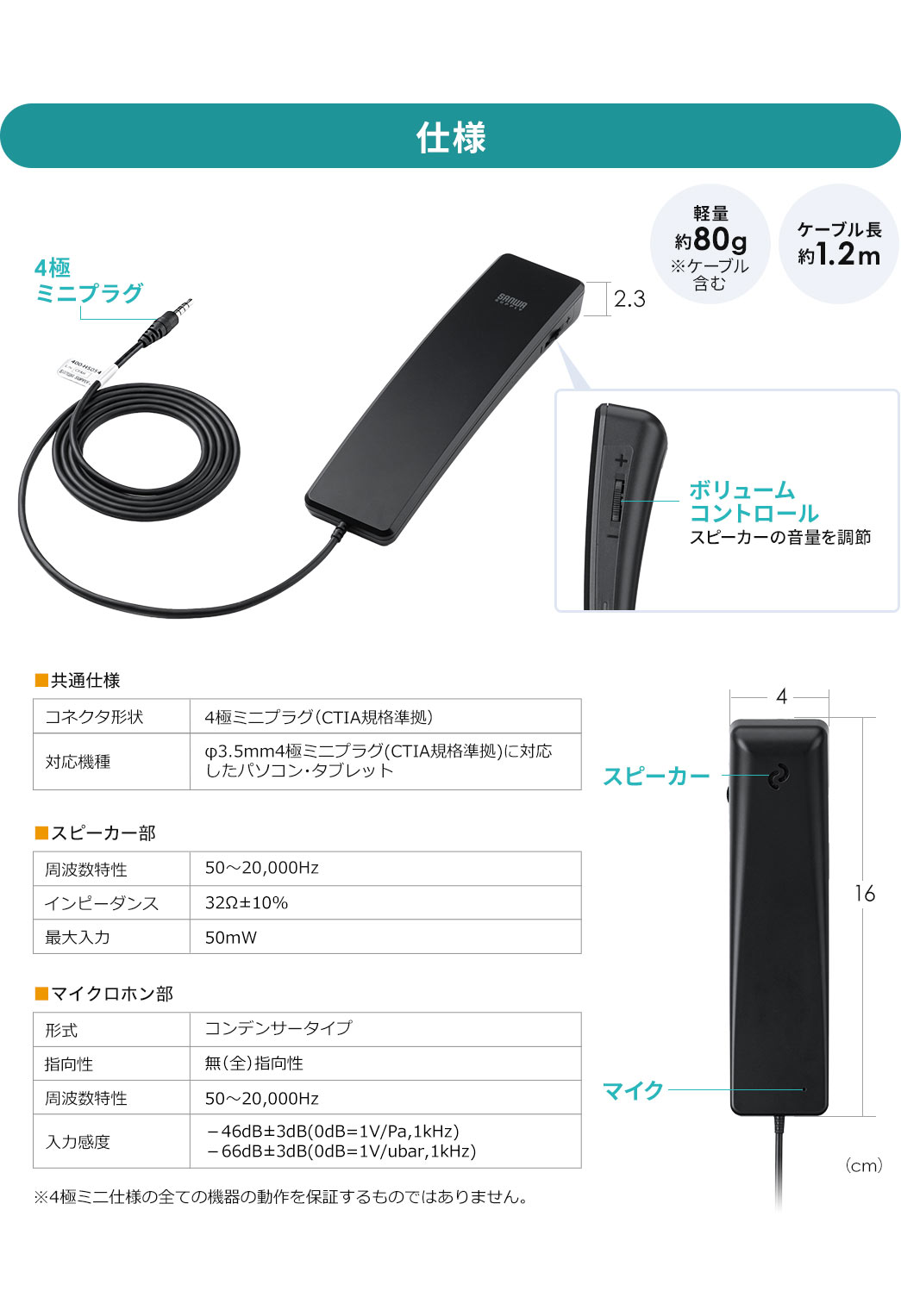 �d�l�F�{�̃T�C�Y�͕�4cm�~���s��16cm�~����2.3cm�A�d�ʖ�80g�i�P�[�u���܂ށj�A�P�[�u������1.2m�B�R�l�N�^�`���4�Ƀ~�j�v���O�iCTIA�K�i�����j�B