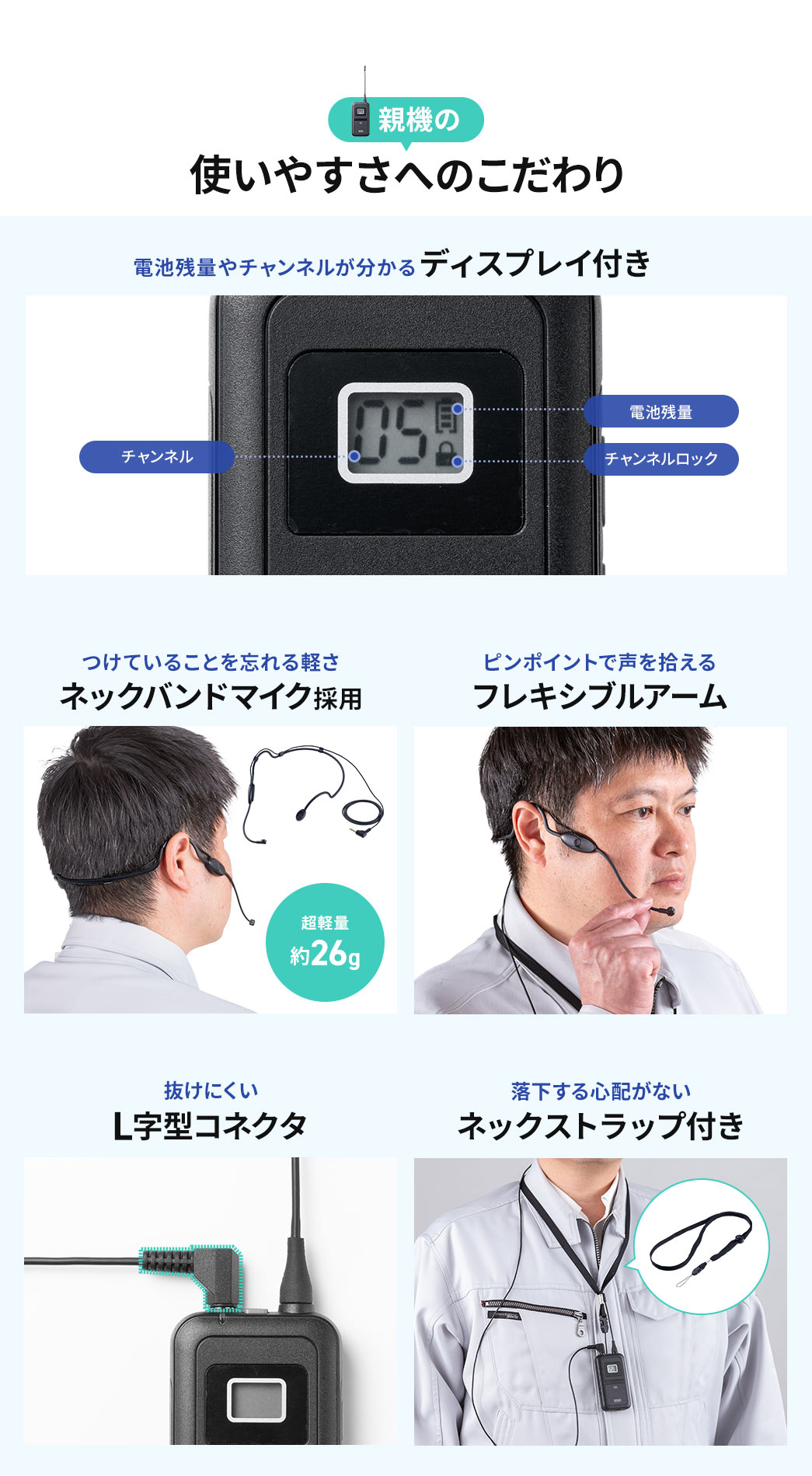 �d�r�c�ʂ�`�����l�����m�F�ł���f�B�X�v���C�A������Y���قǌy���l�b�N�o���h�}�C�N�A�����s���|�C���g�ŏE����t���L�V�u���A�[���A�����ɂ���L���^�R�l�N�^�A�����h�~�̃l�b�N�X�g���b�v�ȂǁA�e�@�̎g���₷���ɂ���������݌v�ɂȂ��Ă��܂��B