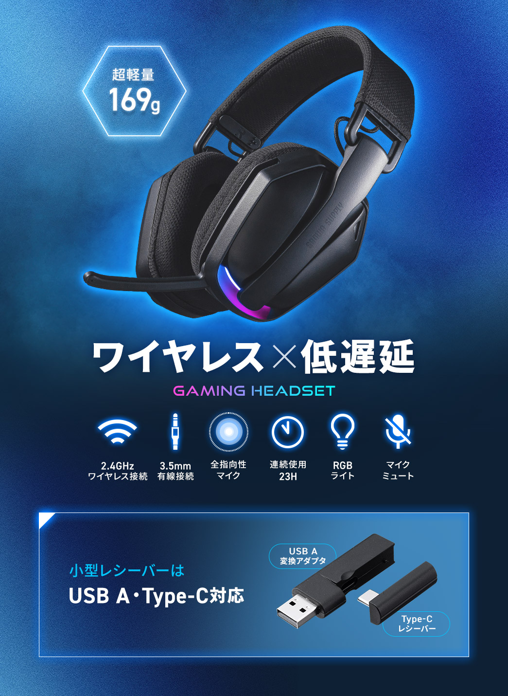 ���y��169g�ŁA���C�����X�~��x����GAMING HEADSET�B2.4GHz���C�����X�A3.5mm�L���ڑ����ł��A�A���g�p23���ԂŁA�S�w�����}�C�N�ARGB���C�g�A�}�C�N�~���[�g�@�\�𓋍ڂ��Ă��܂��B�܂��A���^���V�[�o�[�́AUSB A�EType-C�ɑΉ����Ă��܂��B