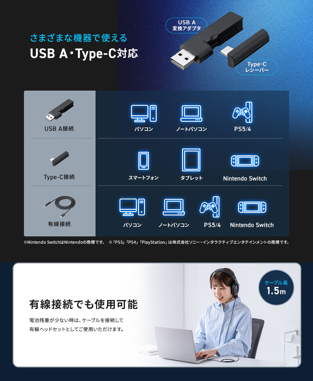 USB A�EType-C�Ή��ŁA�p�\�R����A�X�}�[�g�t�H���APS5�A4�ANintendo Switch�Ȃǂ��܂��܂ȋ@��Ŏg���܂��B��Nintendo Switch��Nintendo�̏��W�ł��B�uPS5�v�uPS4�v�uPlayStation�v�͊�����Ѓ\�j�[�E�R���s���[�^�G���^�e�C�������g�̏��W�ł��B�܂��A�L���ڑ��ł��g�p�\�Ȃ̂ŁA�d�r�c�ʂ����Ȃ����́A�P�[�u���Őڑ����ċ��d���Ȃ���g�p�\�ł��B