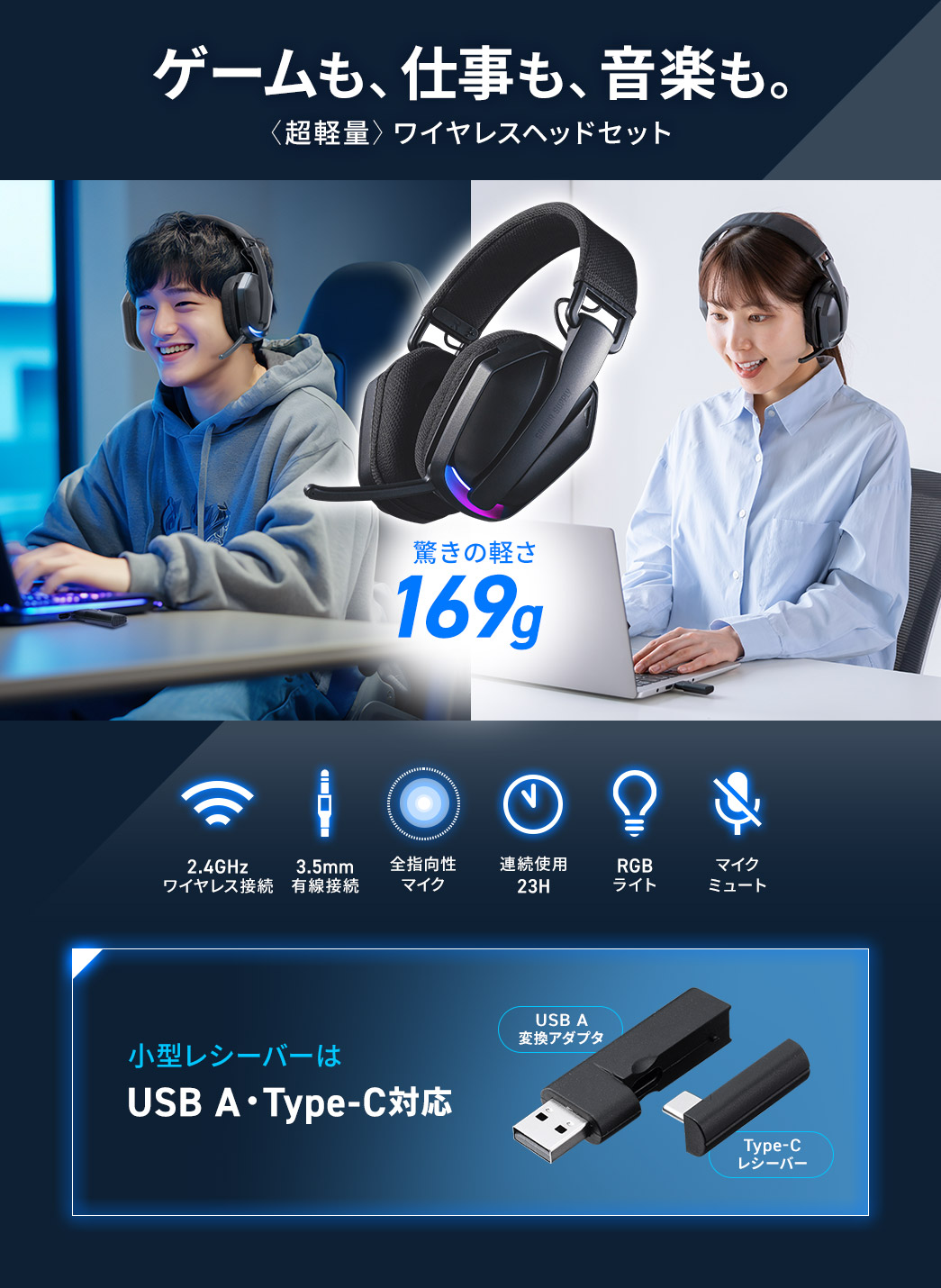 �Q�[�����A�d�����A���y���B�����̒��y��169g�A2.4GHz���C�����X�A3.5mm�L���ڑ����ł��A�A���g�p23���ԂŁA�S�w�����}�C�N�ARGB���C�g�A�}�C�N�~���[�g�@�\�𓋍ڂ��Ă��܂��B�܂��A���^���V�[�o�[�́AUSB A�EType-C�ɑΉ����Ă��܂��B