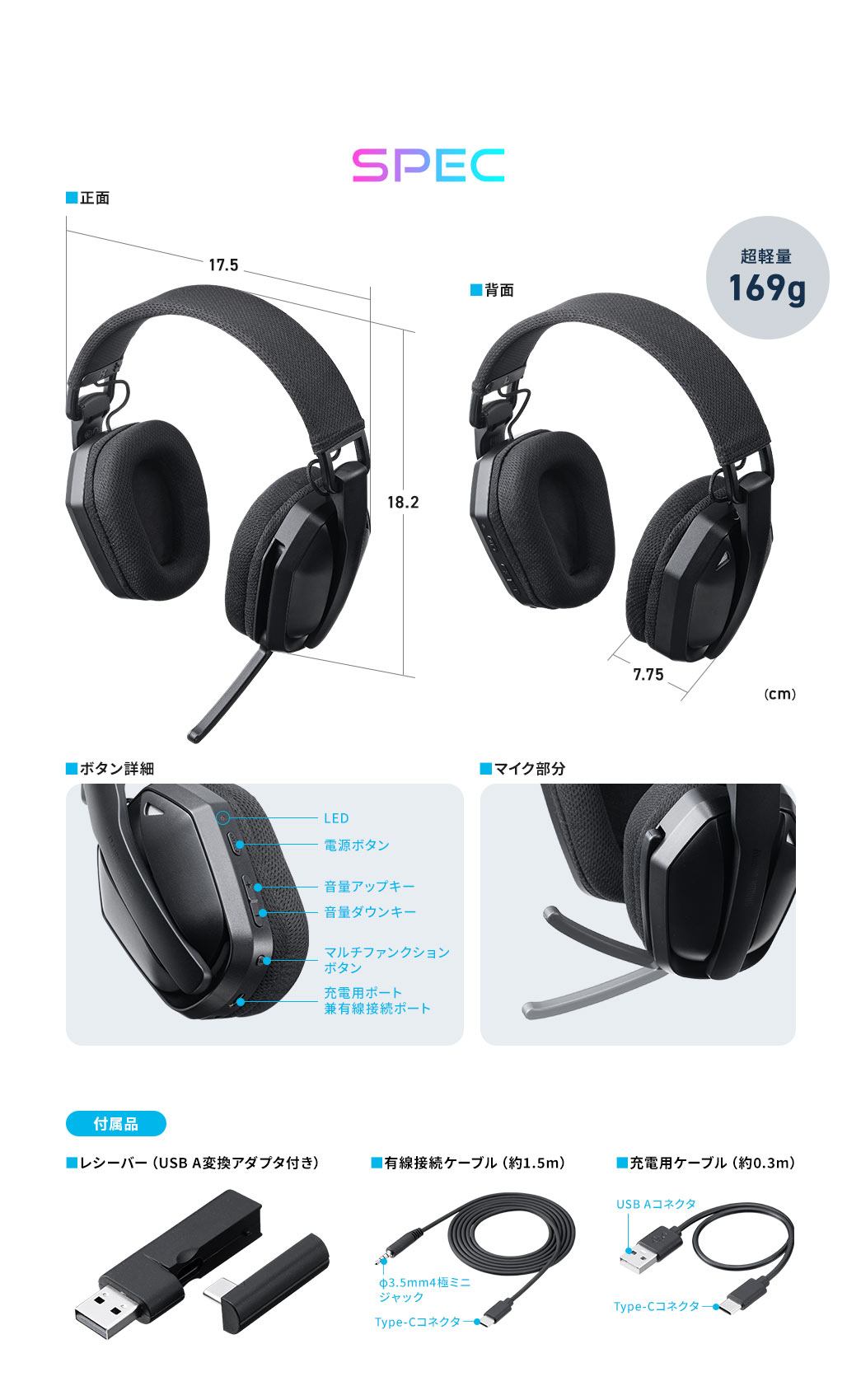 SPEC�A���y��169g�B�t���i�AUSB A�ϊ��A�_�v�^�t���̃��V�[�o�[�A��1.5m�̗L���ڑ��P�[�u���A��0.3m�̏[�d�p�P�[�u���B