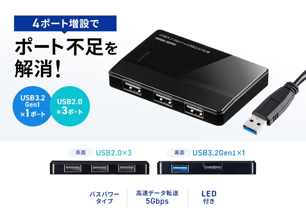 USB3.2 Gen1×1ポート USB2.0×3ポート 高速データ転送5Gbps バスパワータイプ