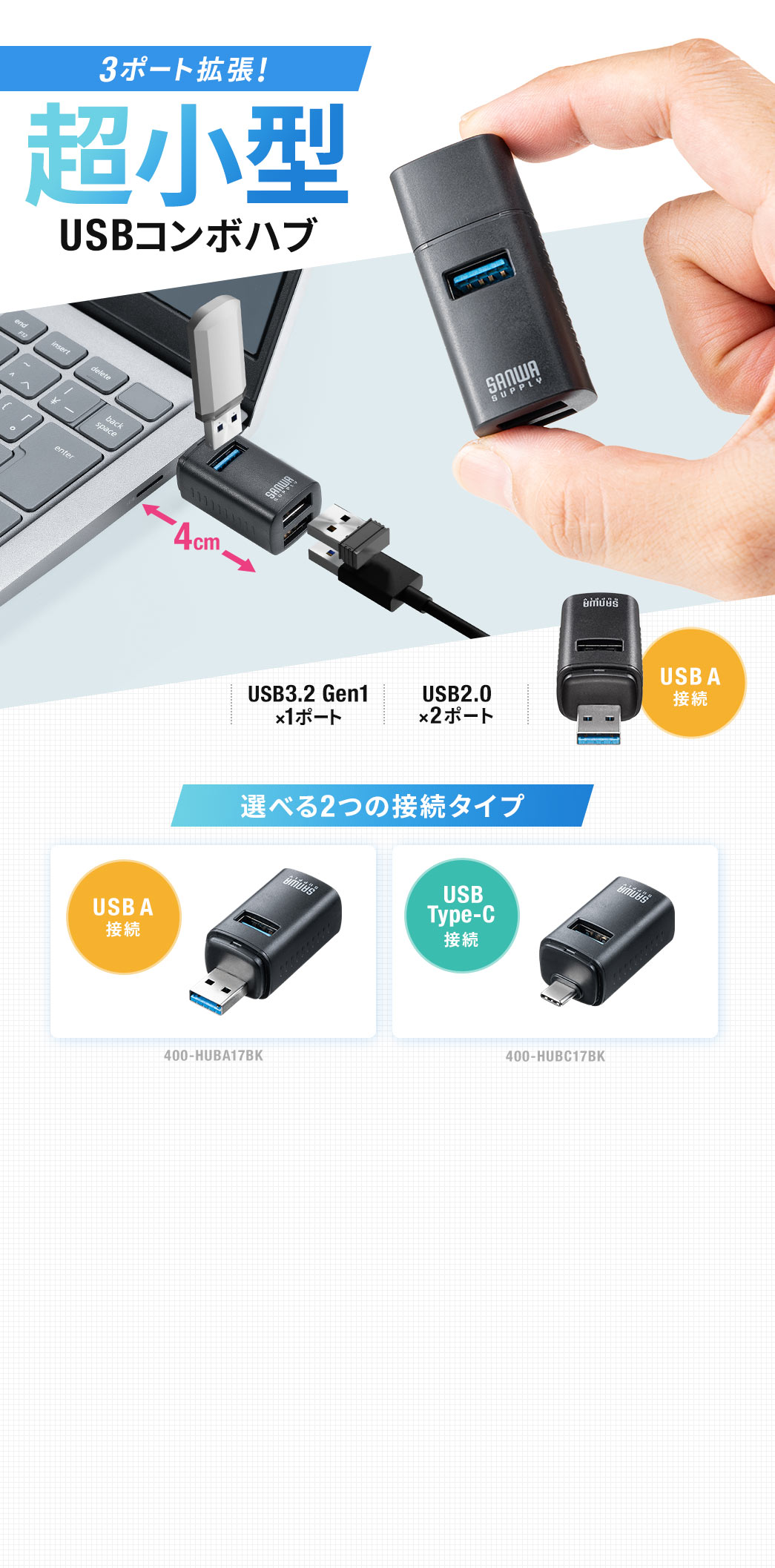 3ポート拡張!超小型 USBコンポハブ