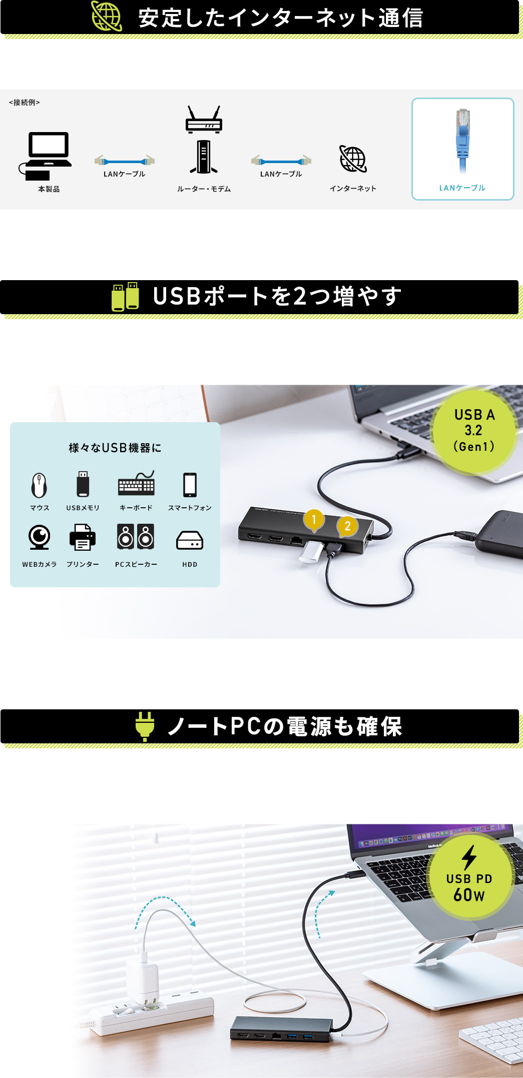 安定したインターネット通信 USBポートを2つ増やす ノートPCの電源も確保