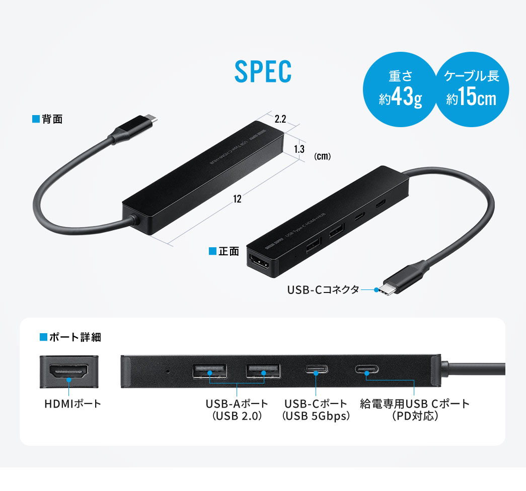 SPEC�F�{�̃T�C�Y�͕�12cm�~���s��2.2cm�~����1.3cm�ŏd����43g�A�P�[�u�����͖�15cm�ł��B�|�[�g�ڍׂ�HDMI�|�[�g1�AUSB A�|�[�g2�AUSB C�|�[�g1�A���d�pUSB�|�[�g1��5�|�[�g�ł��B