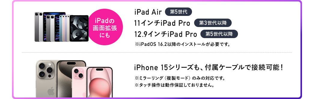 iPad Air 第5世代 11インチiPad Pro 第3世代以降 12.9インチiPad Pro 第5世代以降 iPhone 15シリーズも、付属ケーブルで接続可能