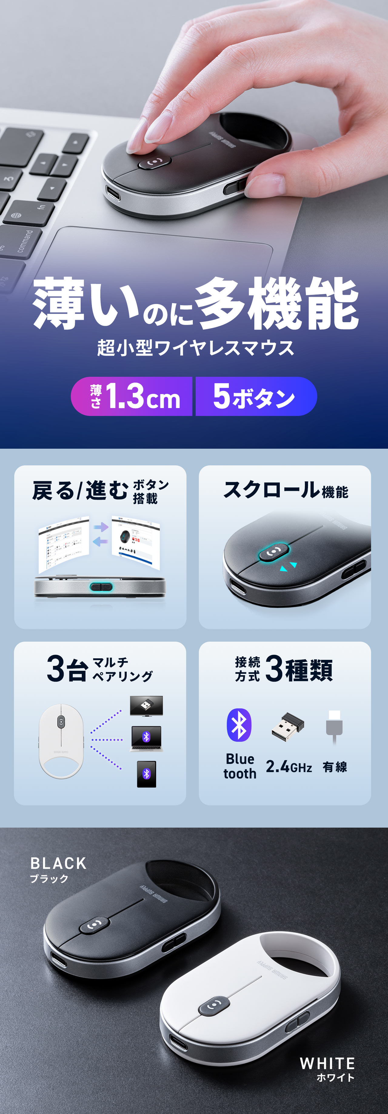 �����̂ɑ��@�\�Ȓ����^���C�����X�}�E�X�A�i�ށ^�߂�{�^���ƃX�N���[���@�\�𓋍ڂ��A3��܂ł̃}���`�y�A�����O�ɑΉ��B�ڑ�������3��ނŁA5�{�^���d�l�A������1.3cm�̃X�����݌v�ł��B�J���[�̓u���b�N�ƃz���C�g��2��ނ����p�ӂ��Ă��܂��B