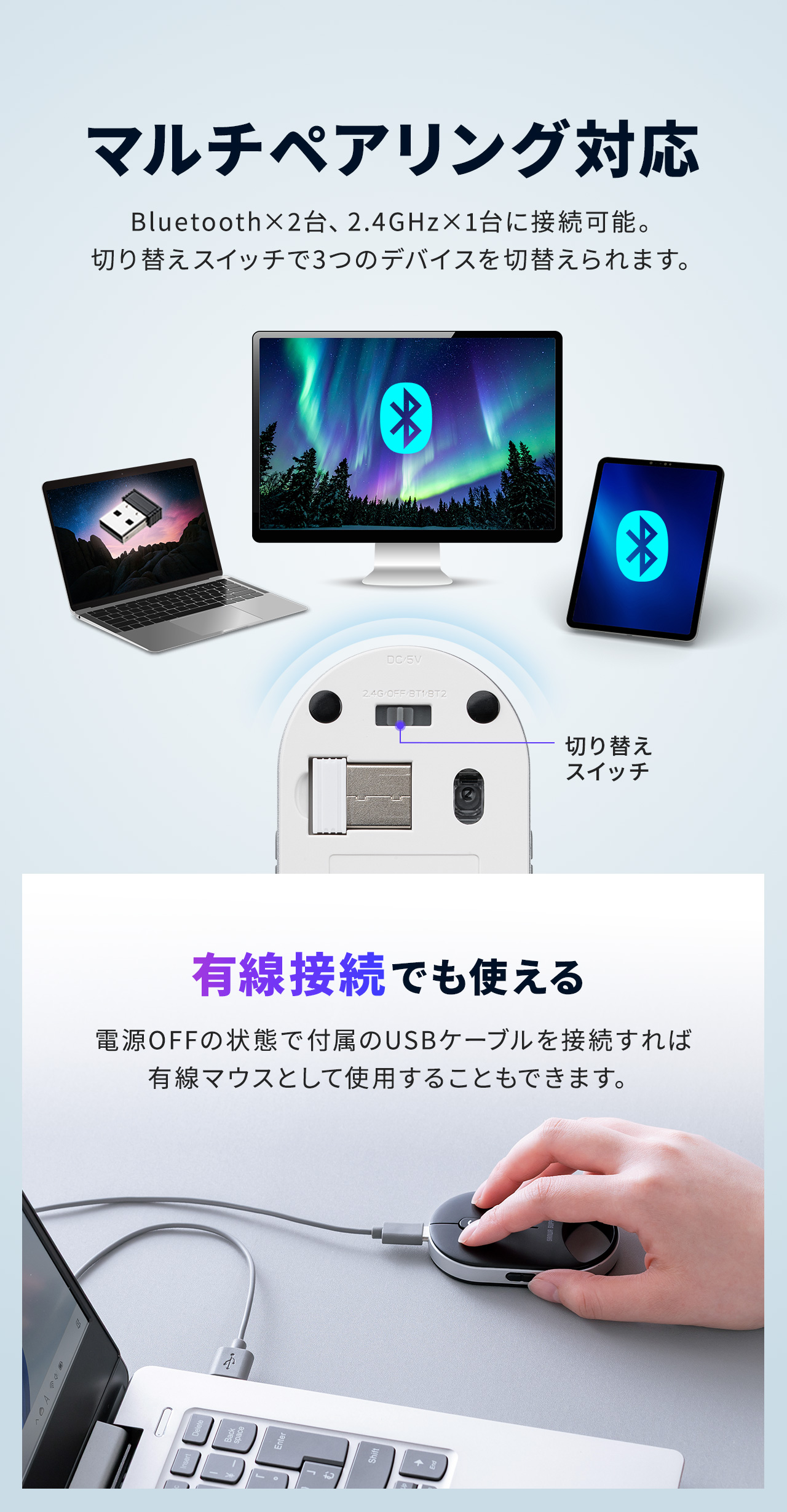 Bluetooth�~2��A2.4GHz�~1��ɐڑ��ł���}���`�y�A�����O�Ή����Ă���A�؂�ւ��X�C�b�`��3�̃f�o�C�X��ؑւ����܂��B�܂��A�d��OFF�̏�Ԃŕt����USB�P�[�u����ڑ�����ΗL���}�E�X�Ƃ��Ďg�p���邱�Ƃ��ł��܂��B