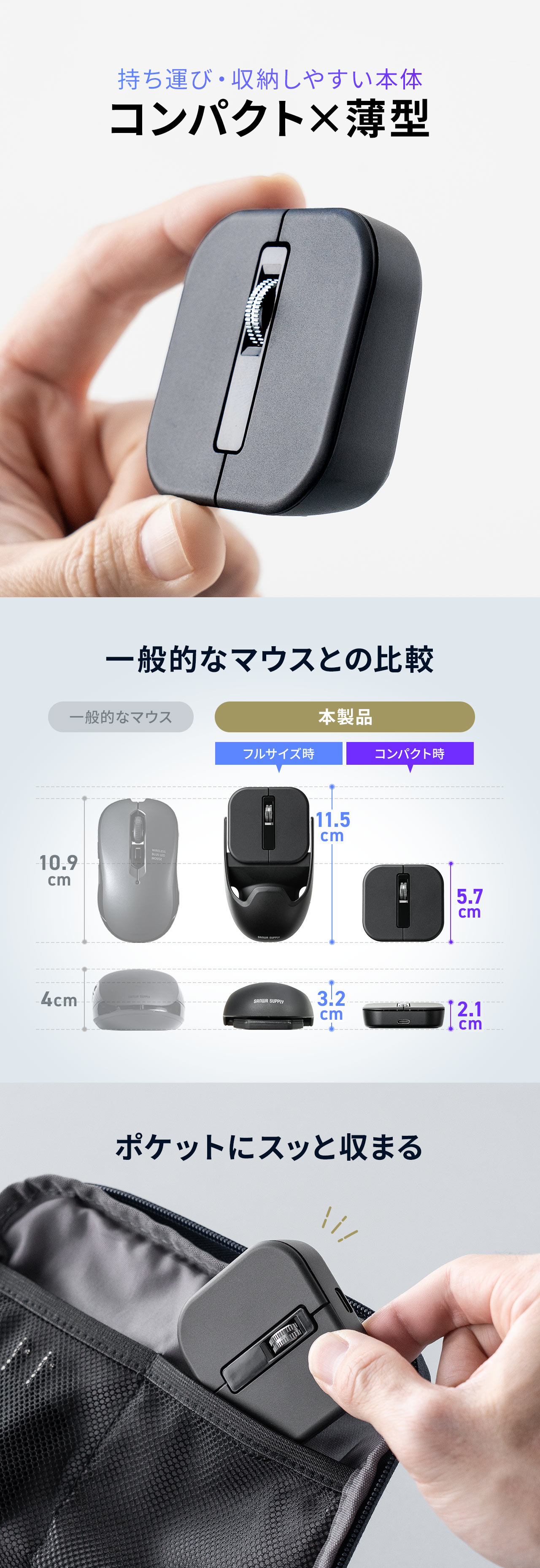 �R���p�N�g�Ŕ��^�����玝���^�сE���[���₷���{�́B��ʓI�ȃ}�E�X�Ɣ�r���āA�t���T�C�Y���͑S��11.5cm�E����3.2cm�A�R���p�N�g���͑S��5.7cm�E����2.1cm�̔��^�݌v�ŁA�|�P�b�g�ɃX�b�Ǝ��܂�܂��B