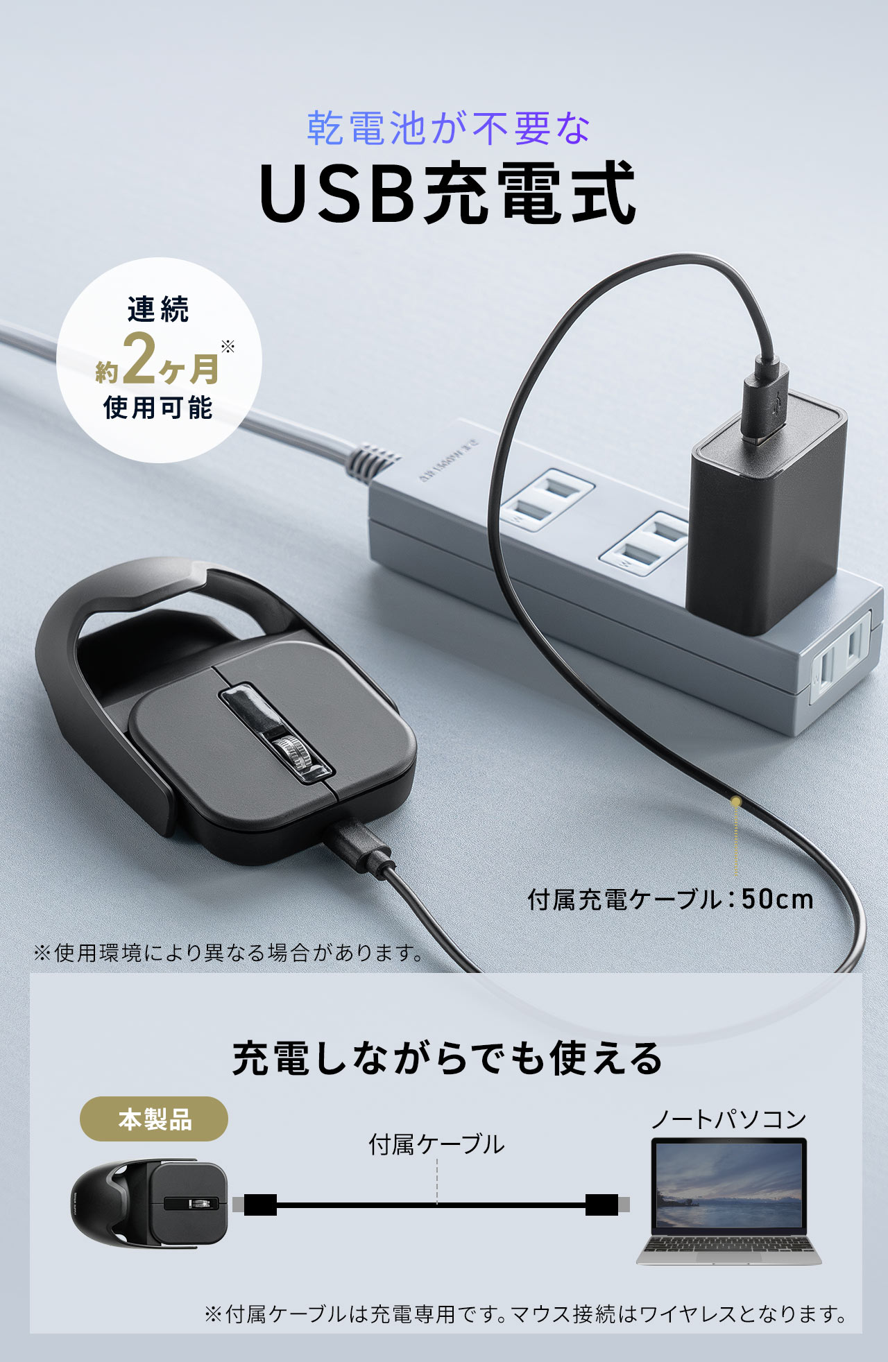 PC�EAC�A�_�v�^������[�d�ł���USB�[�d���B�ő�A����77���Ԏg�p�\�ŁA�[�d���Ȃ���ł��g���܂��B���t���P�[�u���͏[�d��p�ł��B�}�E�X�ڑ��̓��C�����X�ƂȂ�܂��B