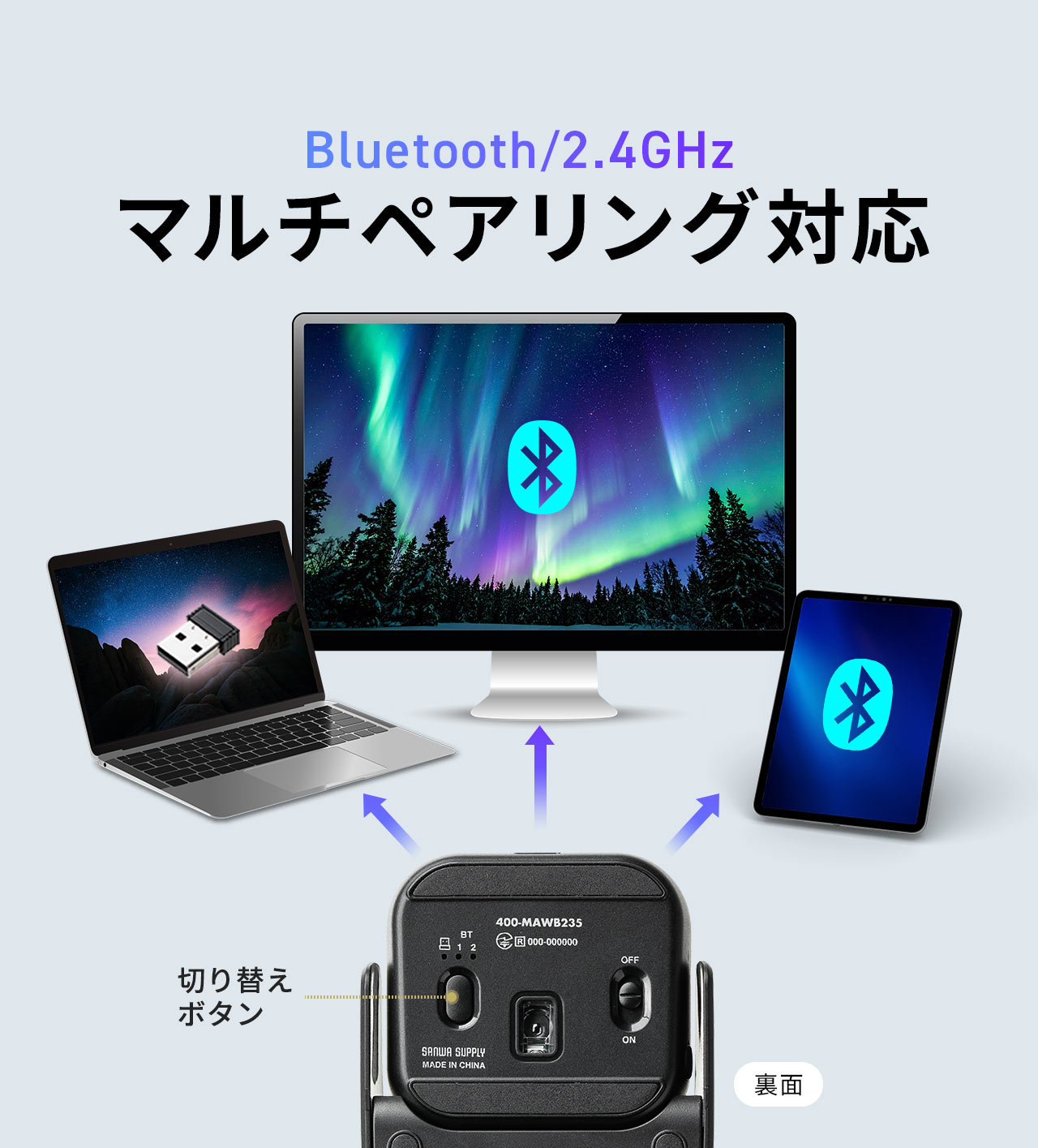 Bluetooth�ƃ��C�����X 2.4GHz�Ń}���`�y�A�����O�Ή��B