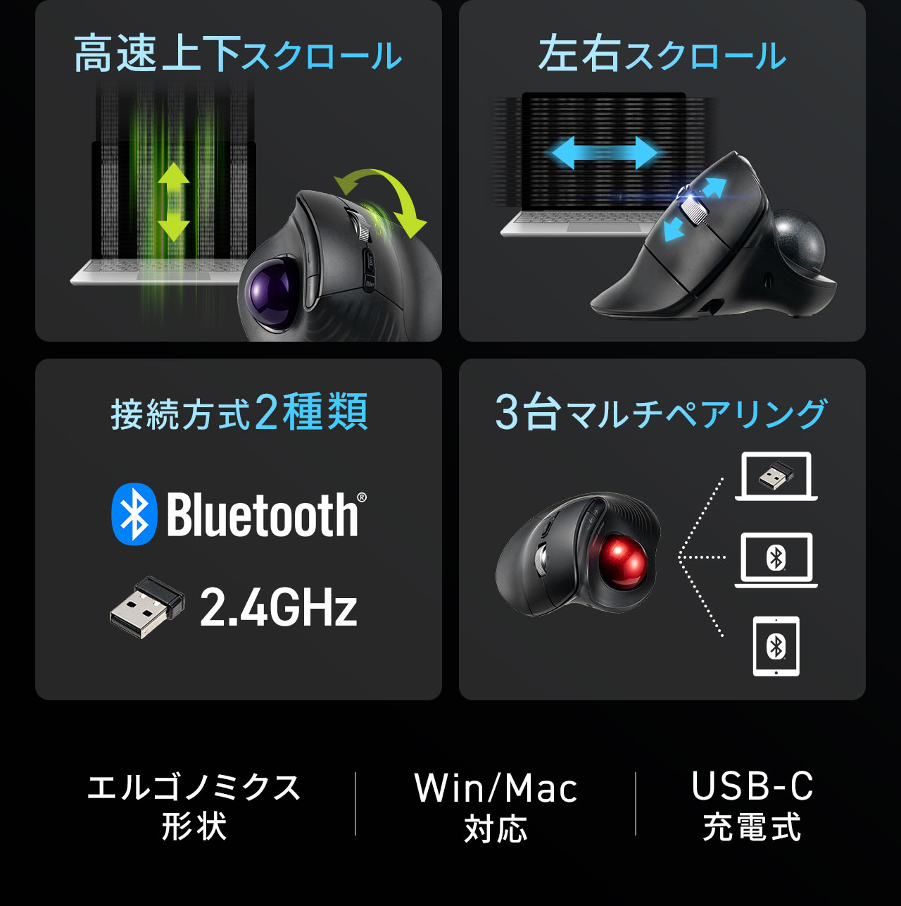 �����㉺�E���E�X�N���[���Ή��ABluetooth�^2.4GHz�ڑ��A3��}���`�y�A�����O�A�G���S�m�~�N�X�`��AWin�^Mac�Ή��AUSB-C�[�d���ł��B