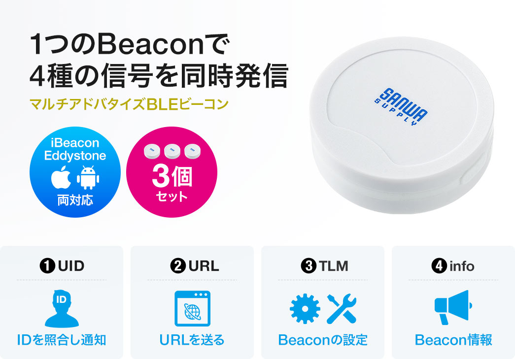 1��Beacon��4��̐M���𓯎����M�ł���A�}���`�A�h�o�^�C�YBLE�r�[�R���BiBeacon�AEddystone�̗��Ή��ŁA3�Z�b�g�B1�AID���ƍ����ʒm�B2�AURL�𑗂�B3�ABeacon�̐ݒ�B4�ABeacon���B
