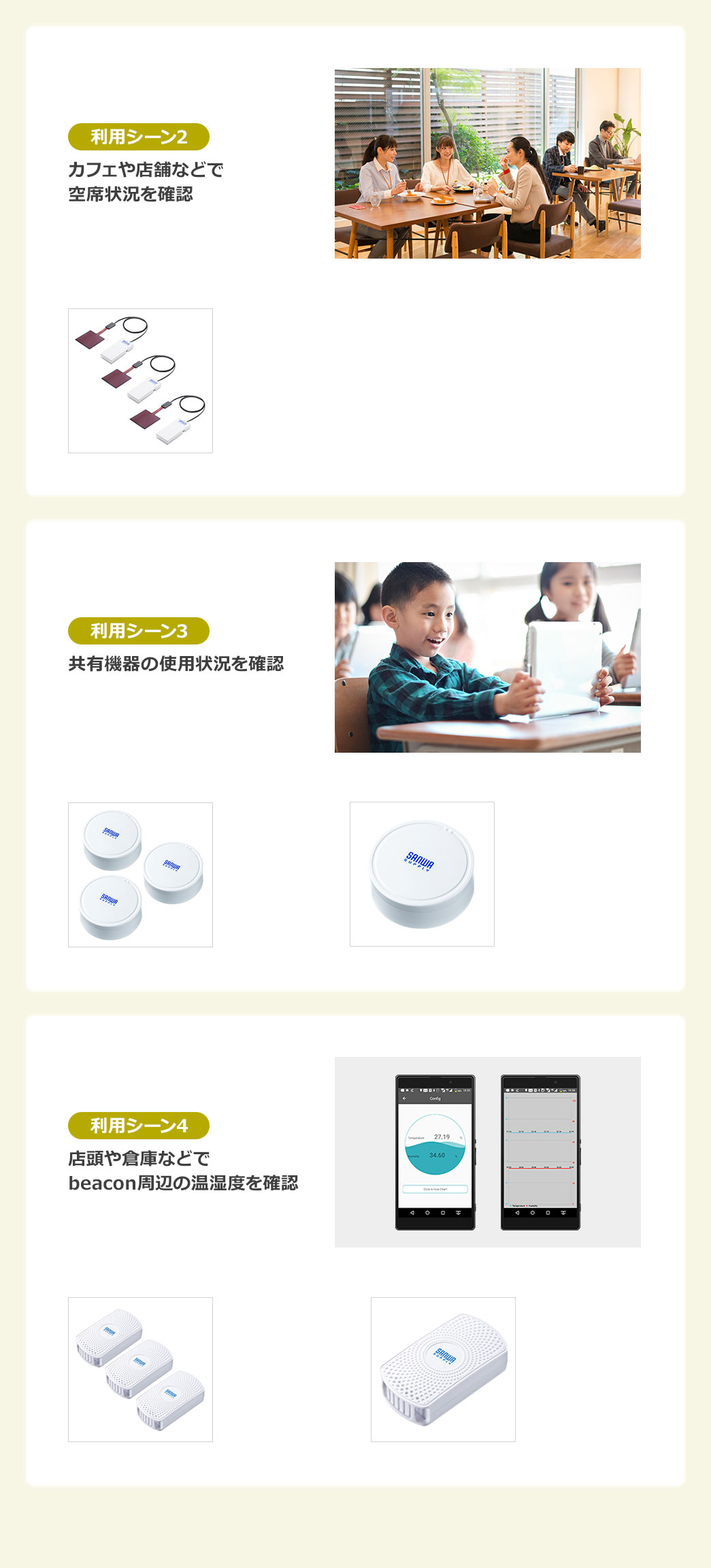 ���p�V�[��2�A�J�t�F��X�܂Ȃǂŋ�ȏ󋵂��m�F�B���p�V�[��3�A���L�@��̎g�p�󋵂��m�F�B���p�V�[��4�A�X����q�ɂȂǂ�beacon���ӂ̉����x���m�F�B