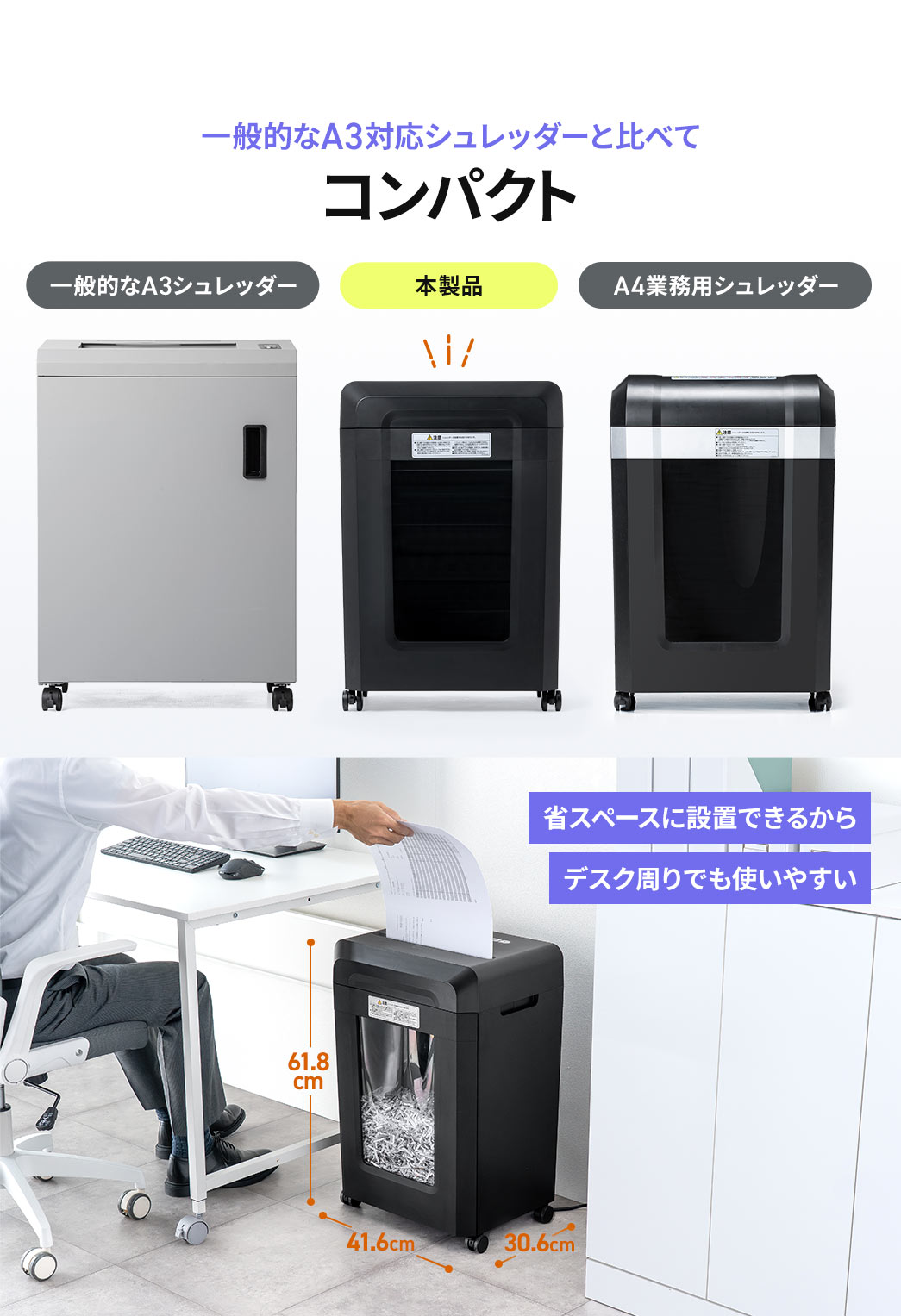 �{���i�́A��ʓI��A3�Ή��V�����b�_�[�Ɣ�ׂăR���p�N�g�ł��B�ȃX�y�[�X�ɐݒu�ł��邩��A�f�X�N����ł��g���₷���ł��B