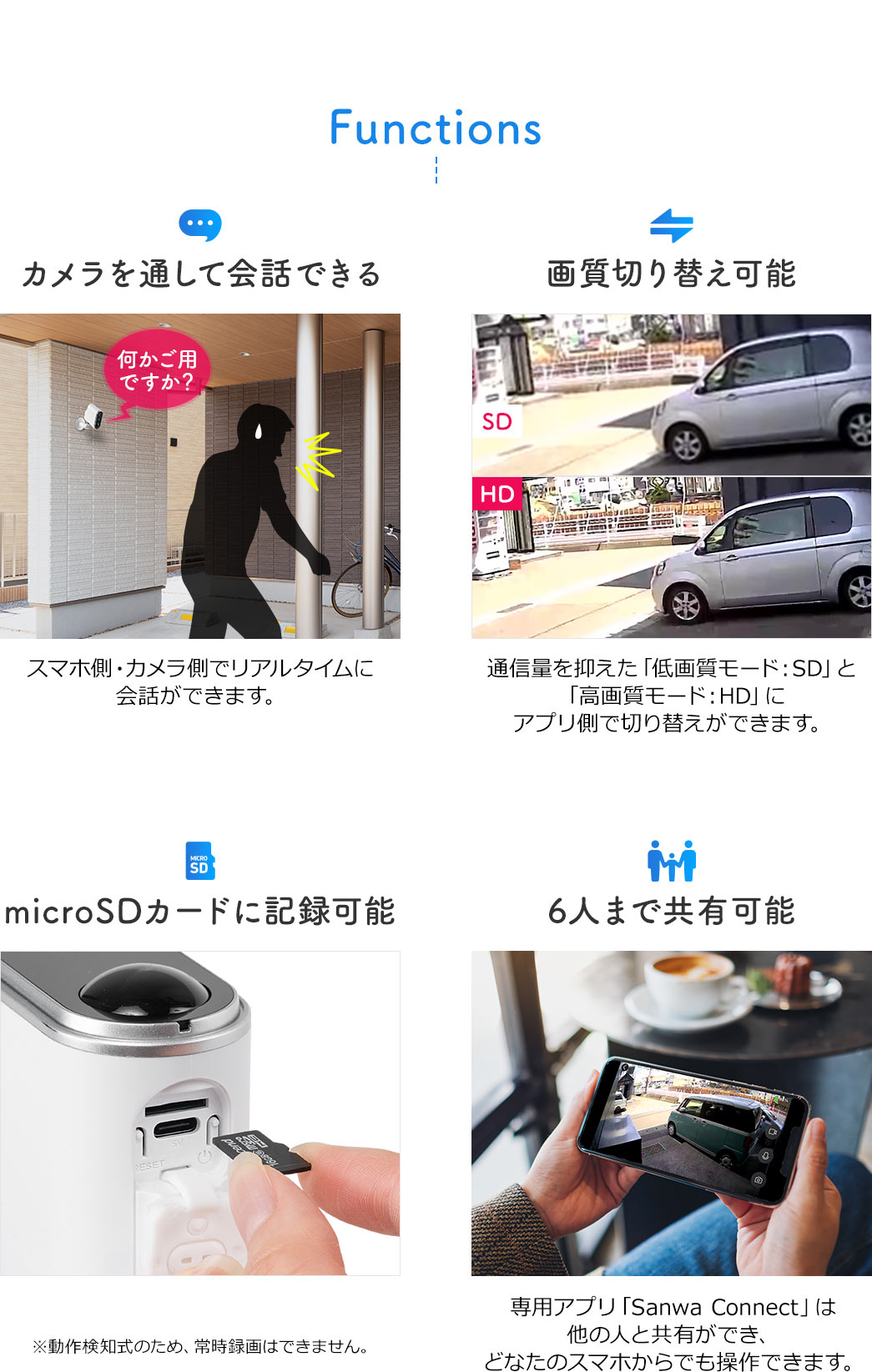 Functions�B�X�}�z���E�J�������Ń��A���^�C���ɉ�b���ł��A�ʐM�ʂ�}�����u��掿���[�h�FSD�v�Ɓu���掿���[�h�FHD�v�ɃA�v�����Ő؂�ւ����ł��܂��BmicroSD�J�[�h�ɋL�^�\�ł��B�����쌟�m���̂��߁A�펞�^��͂ł��܂���B�܂��A��p�A�v���uSanwa Connect�v�ł� ���̐l�Ƌ��L���ł��A6�l�܂ŁA�ǂȂ��̃X�}�z����ł�����ł��܂��B