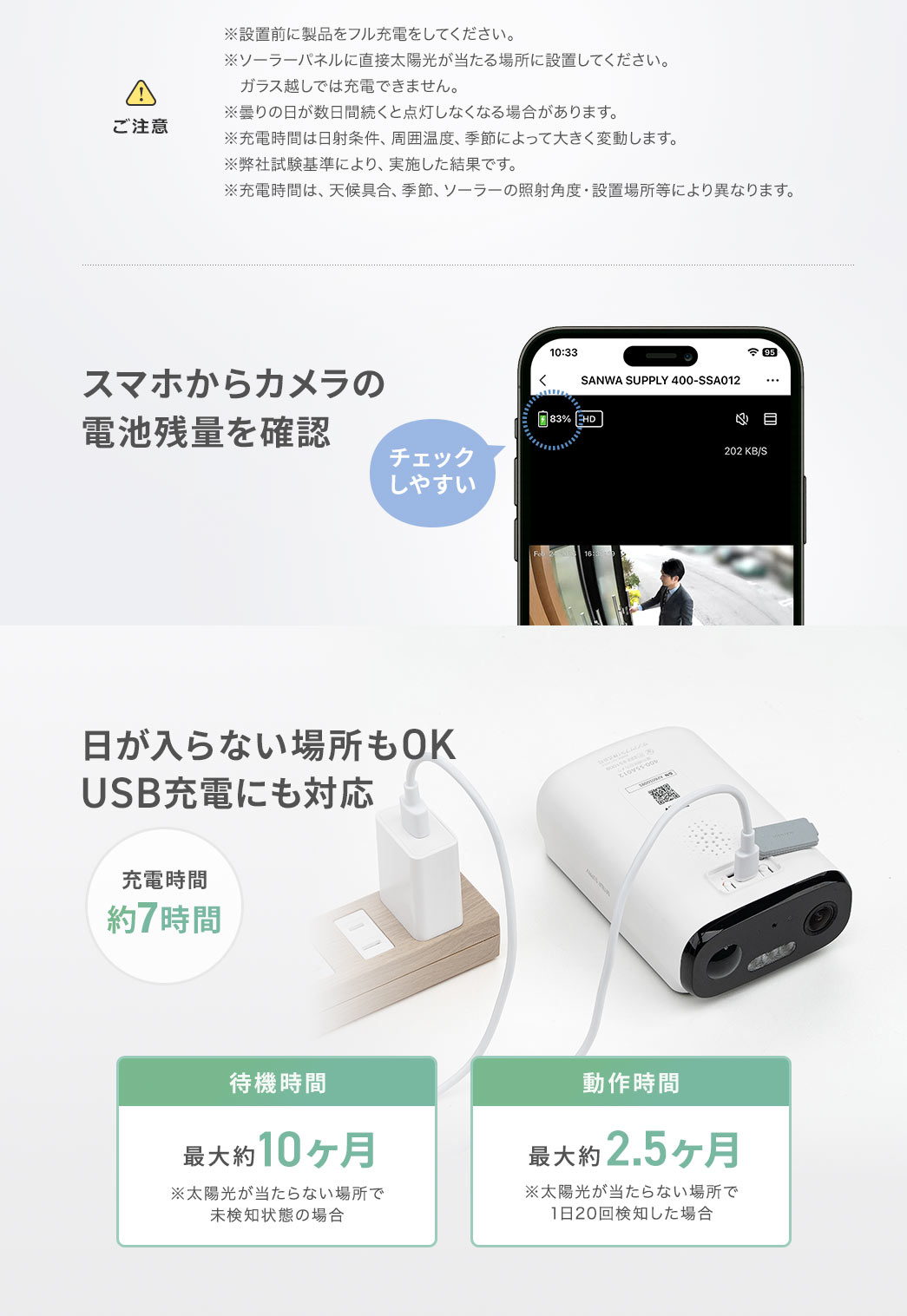 �X�}�z����J�����̓d�r�c�ʂ��m�F���邱�Ƃ��ł��AUSB�[�d�ɂ��Ή����Ă��邩���������Ȃ��ꏊ�ł��g�p�ł��܂��B�g�p�O�Ɉȉ��ɂ����ӂ��������B�ݒu�O�ɕK���t���[�d���Ă��������B�\�[���[�p�l���͒��˓�����������ꏊ�ɐݒu���Ă��������B�K���X�z���ł͏[�d�ł��܂���B�܂̓������������Ɠ_�����Ȃ��ꍇ������܂��B�[�d���Ԃ͓��ˏ����E���͉��x�E�G�߁E�ݒu�p�x�Ȃǂɂ��傫���ϓ����܂��B�Ȃ��A�e���l�͓��Ў�����ɂ�錋�ʂł��B