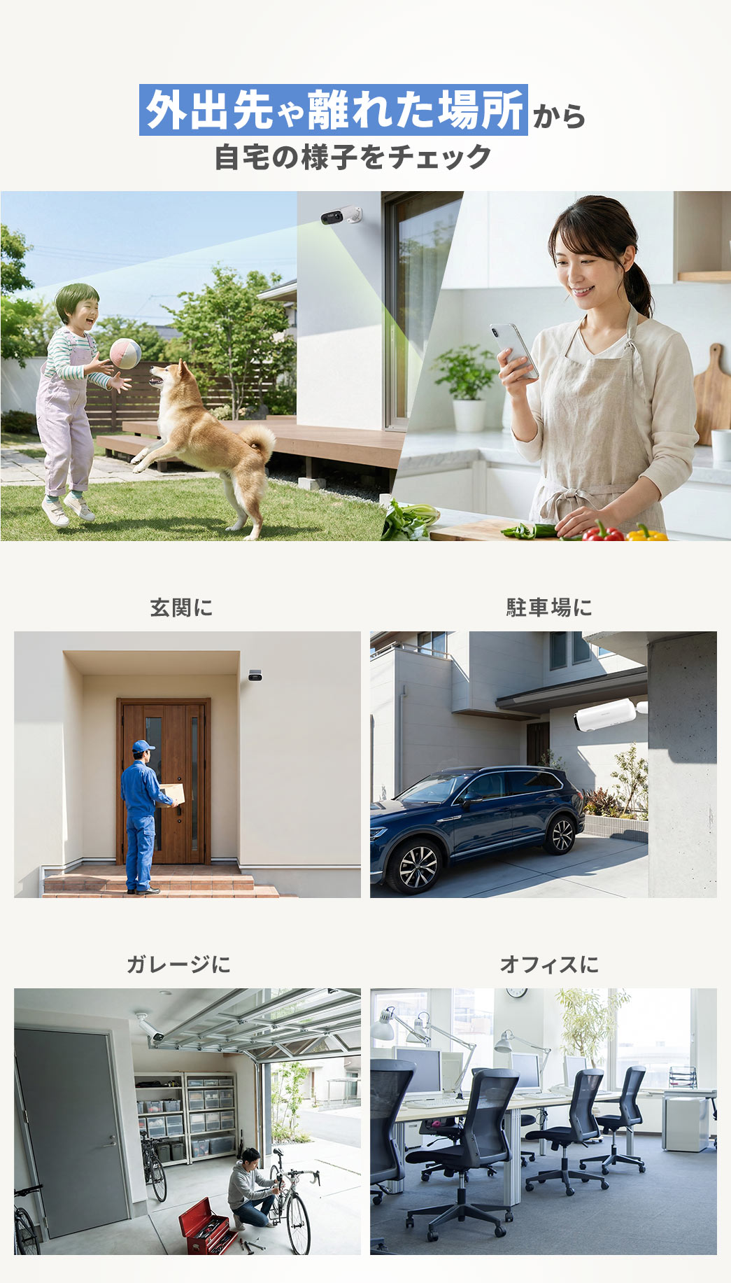 �O�o��◣�ꂽ�ꏊ���猺�ւ�K���[�W�A���ԏ�Ȃǎ���̗l�q���`�F�b�N�B����ȊO�ɂ��I�t�B�X�ɂ��ݒu�ł��܂��B