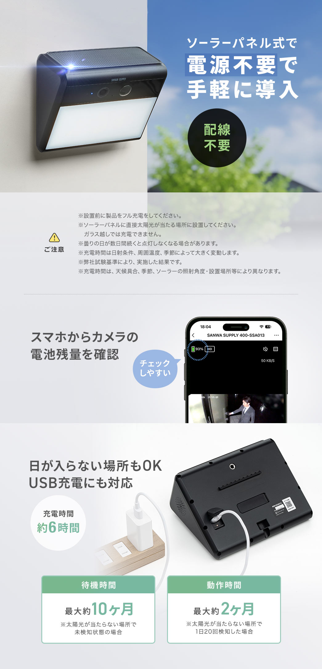 �\�[���[�p�l�����œd���s�v�Ŏ�y�ɓ����ł��܂��B�X�}�z����J�����̓d�r�c�ʂ��m�F���ł��AUSB�[�d�ɂ��Ή����Ă��邩���������Ȃ��ꏊ�ł��g�p�ł��܂��B�ȉ��ɂ����ӂ��������B���ݒu�O�ɐ��i���t���[�d�����Ă��������B�\�[���[�p�l���ɒ��ڑ��z����������ꏊ�ɐݒu���Ă��������B�K���X�z���ł͏[�d�ł��܂���B�܂��A�܂�̓��������ԑ����Ɠ_�����Ȃ��Ȃ�ꍇ������܂��B�[�d���Ԃ͓��ˏ����A���͉��x�A�G�߂ɂ���đ傫���ϓ����܂��B�[�d���Ԃ́A�V���A�G�߁A�\�[���[�̏Ǝˊp�x�E�ݒu�ꏊ���ɂ��قȂ�܂��B�Ȃ��A���Ў�����ɂ��A���{�������ʂł��B