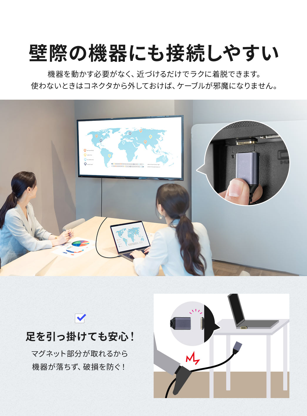 �@��𓮂����K�v���Ȃ��A�߂Â��邾���Ń��N�ɒ��E�ł��܂��B�g��Ȃ��Ƃ��̓R�l�N�^����O���Ă����΁A�P�[�u�����ז��ɂȂ�܂���B�܂��A�}�O�l�b�g���������邩��@�킪�������A�j����h���̂ŁA���������|���Ă����S�ł��B