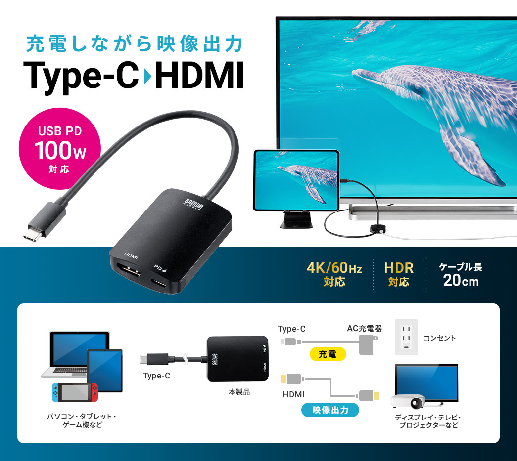 充電しながら映像出力Type-C HDMI USB PD 100W対応