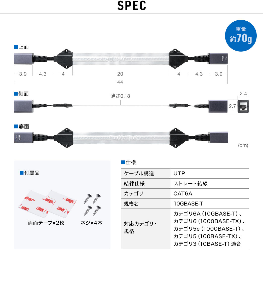 SPEC�F�P�[�u����44cm�A�d�ʂ͖�70g�ŕt���i�͗��ʃe�[�v2���ƃl�W4�{���t���Ă��܂��B
