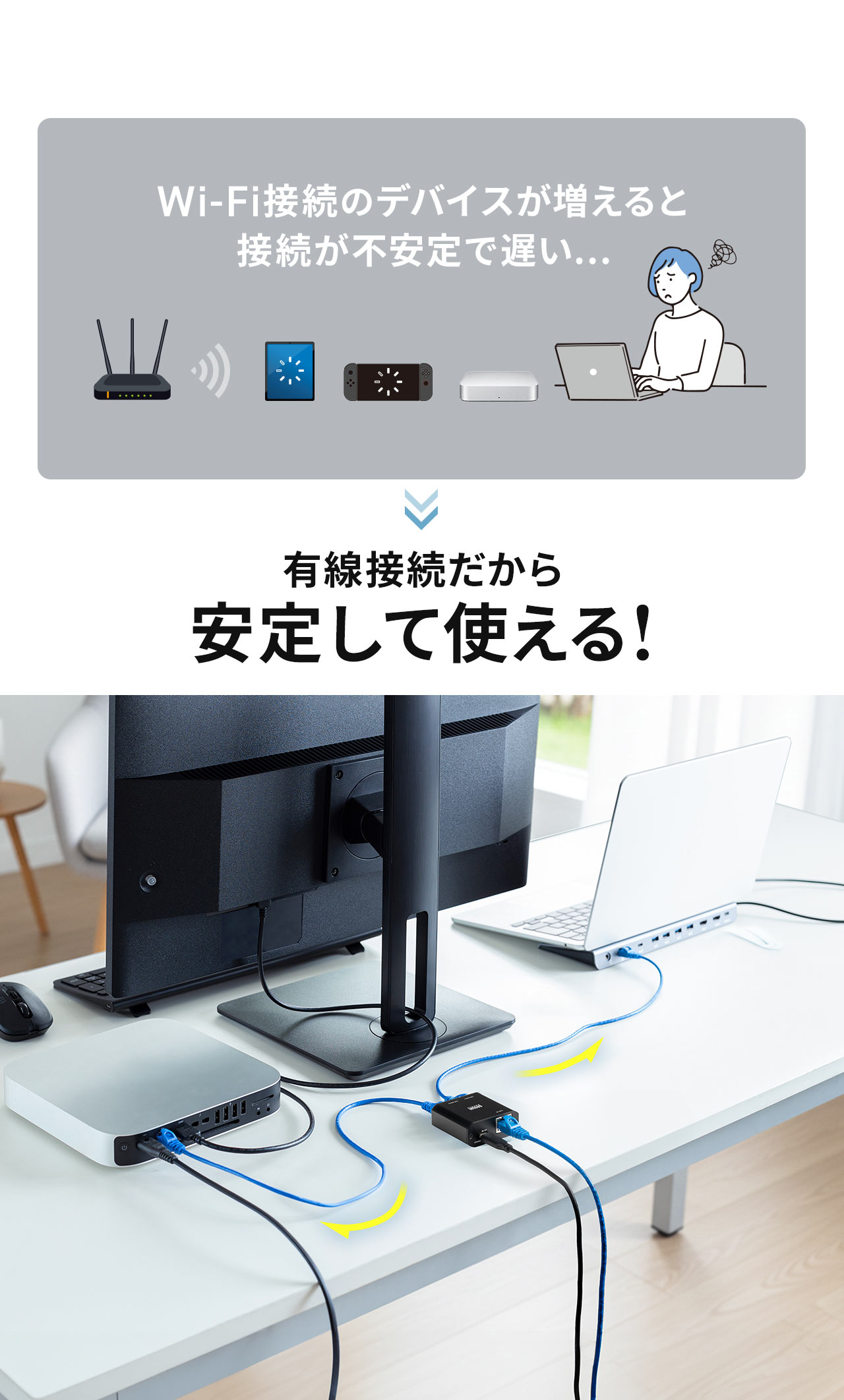 Wi-Fi�ڑ��̃f�o�C�X��������Ɛڑ����s����Œx���Ƃ��������Y�݂��L���ڑ��ŉ����I�L���ڑ���������肵�Ďg���܂��B