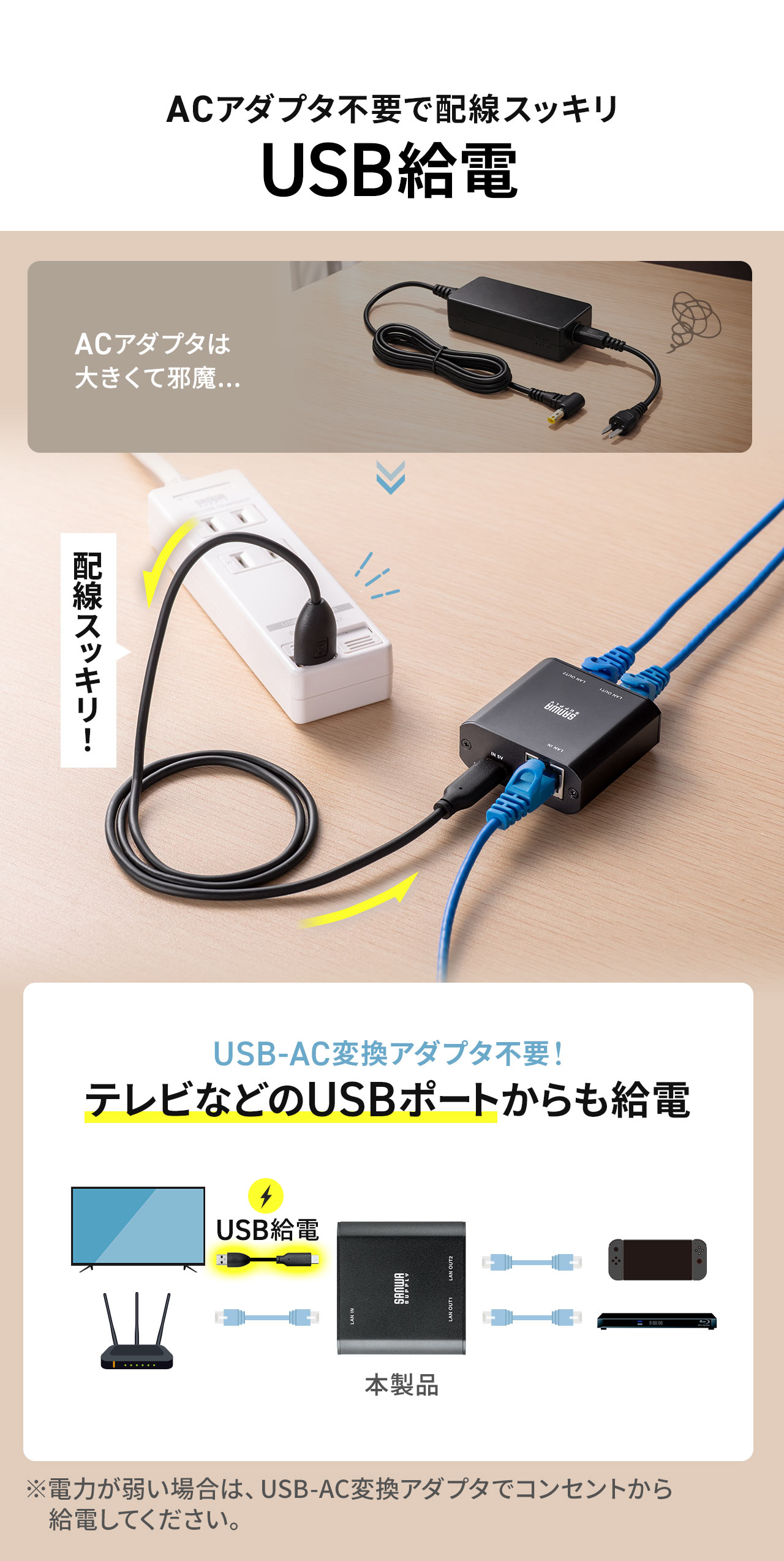USB���d�Ȃ̂ŁAAC�A�_�v�^�s�v�Ŕz���X�b�L���B�e���r�Ȃǂ�USB�|�[�g��������d�\�ł��B���d�͂��ア�ꍇ�́AUSB-AC�ϊ��A�_�v�^�ŃR���Z���g���狋�d���Ă��������B