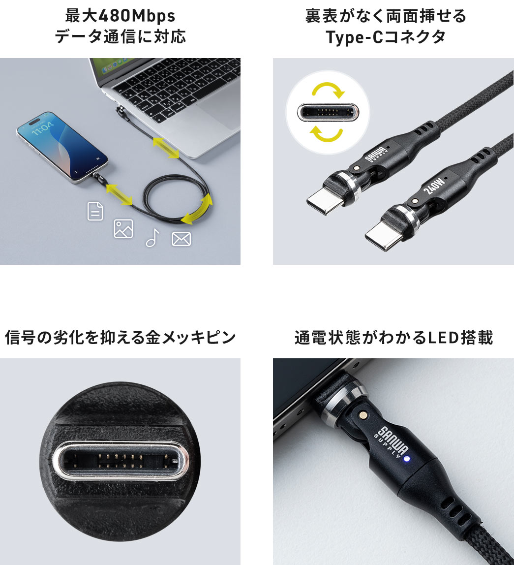 ő480Mbps f[^ʐMɑΉ \Ȃʑ} Type-CRlN^ KɋbLs ʓd킩₷LED